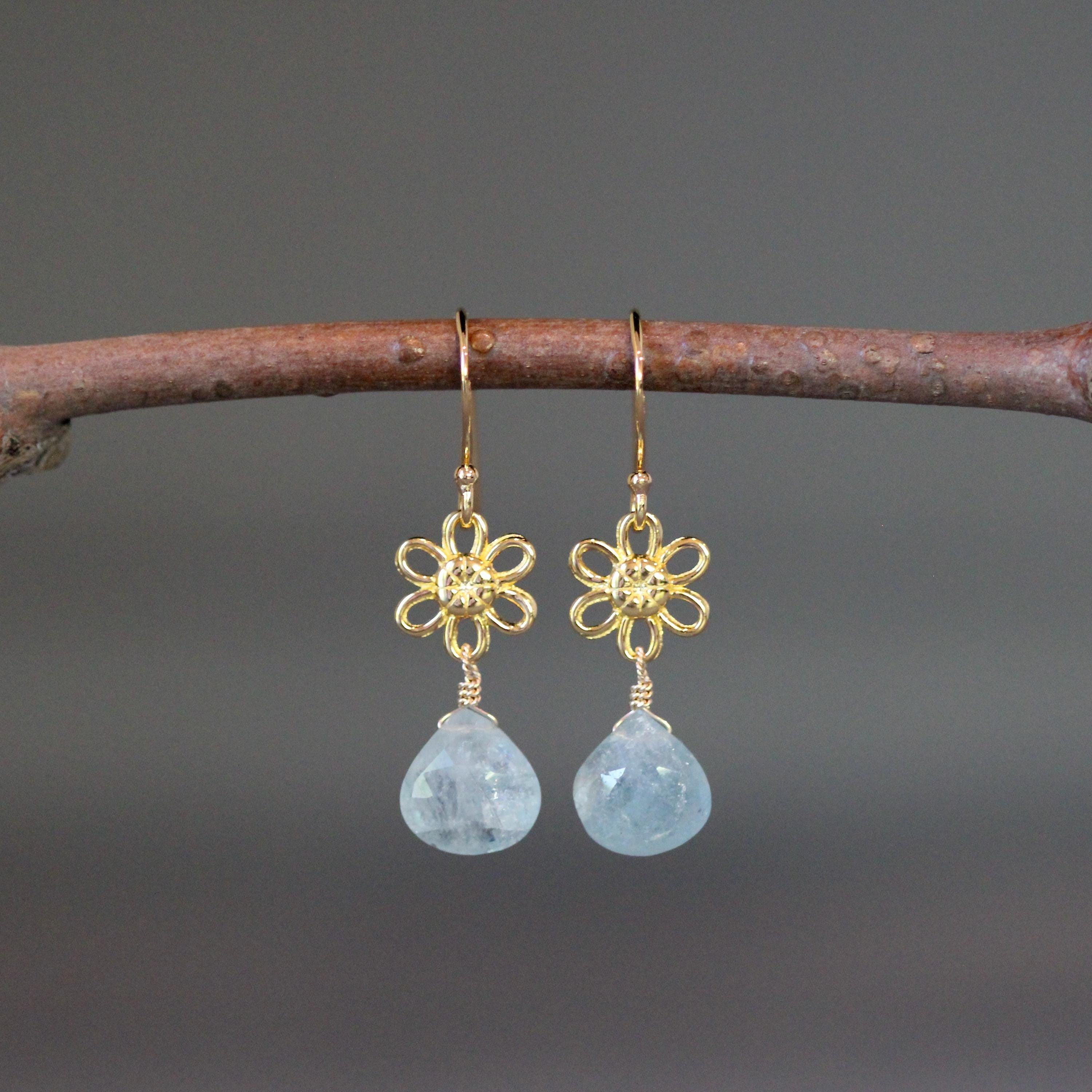 Aquamarine and Gold Vermeil Flower Dangle Earrings