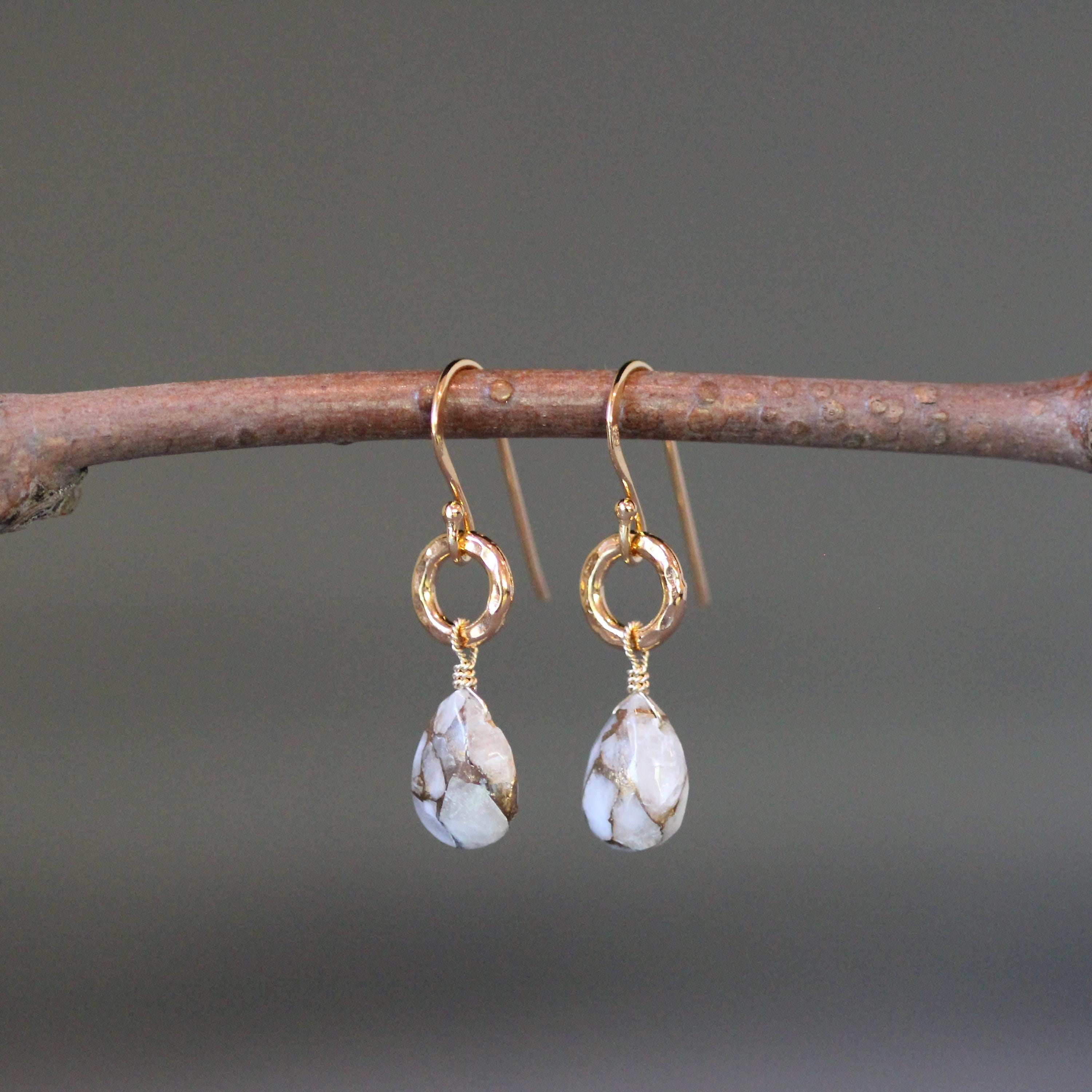 Copper Calcite Teardrop Dangle Earrings with Gold Vermeil Accents