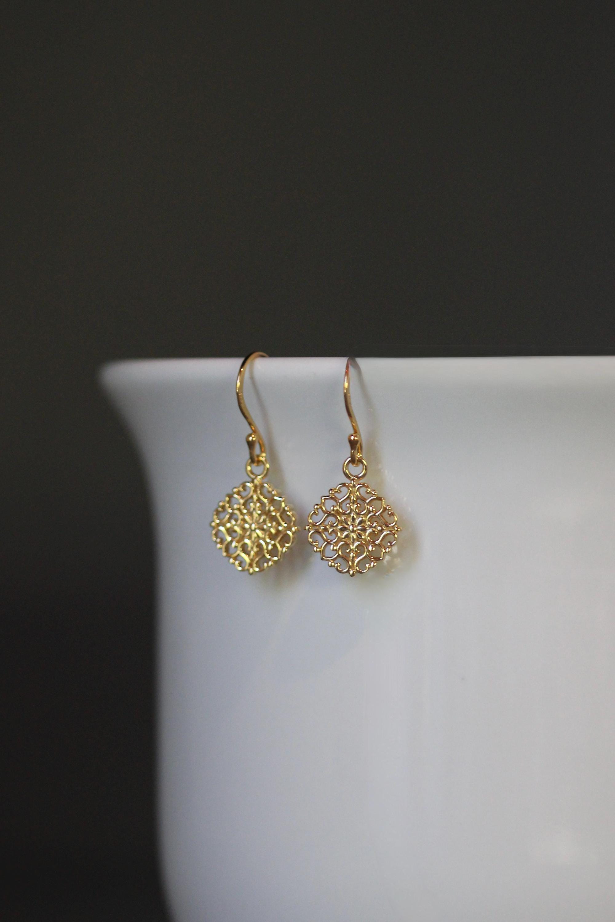 Small Gold Vermeil Filigree Charm Dangle Earrings