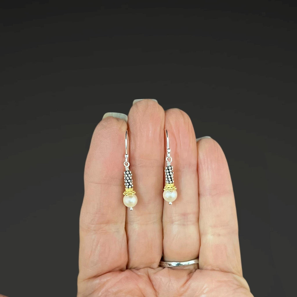 Akoya Pearl, Sterling Silver, and Gold Vermeil Mixed Metal Dangle Earrings