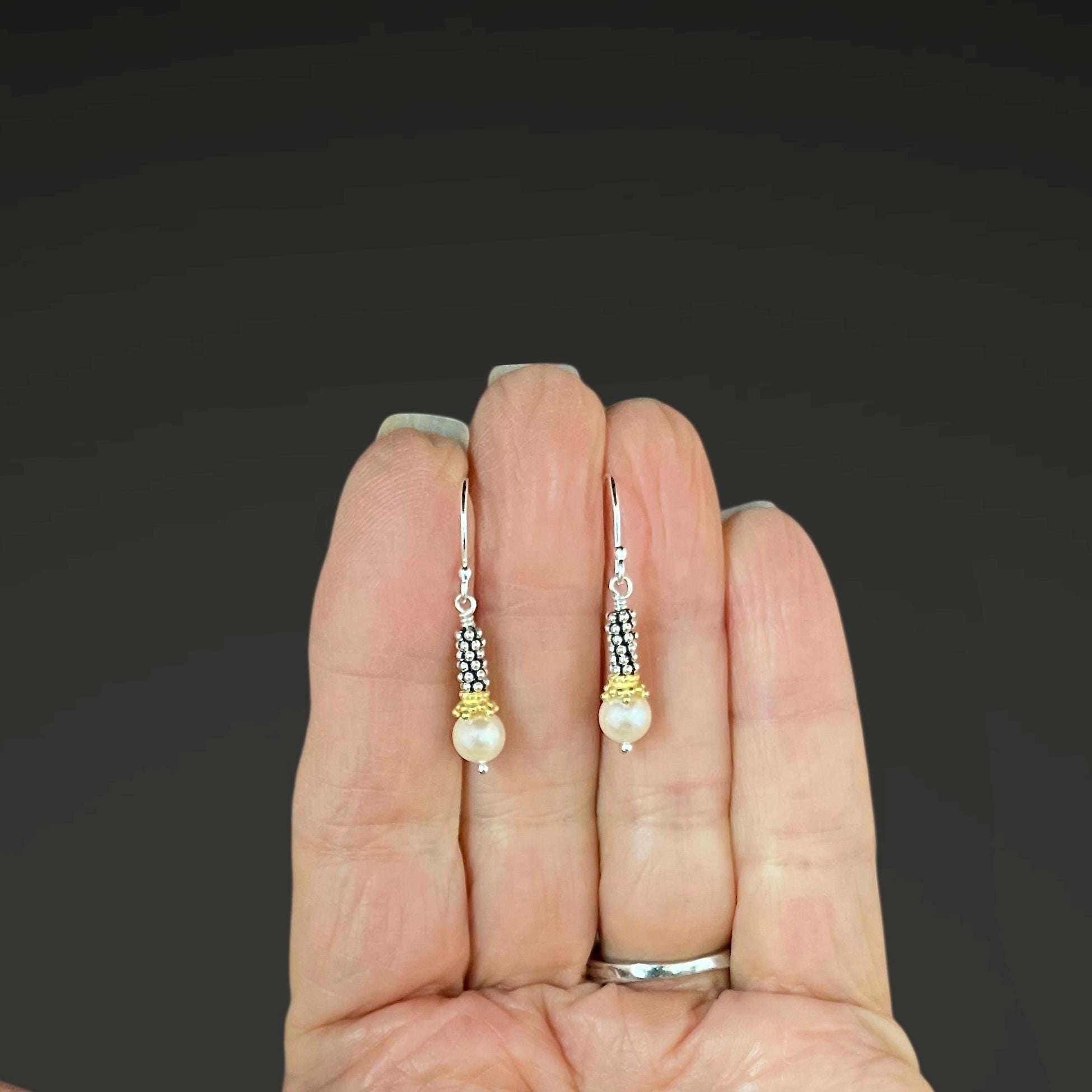 Akoya Pearl, Sterling Silver, and Gold Vermeil Mixed Metal Dangle Earrings