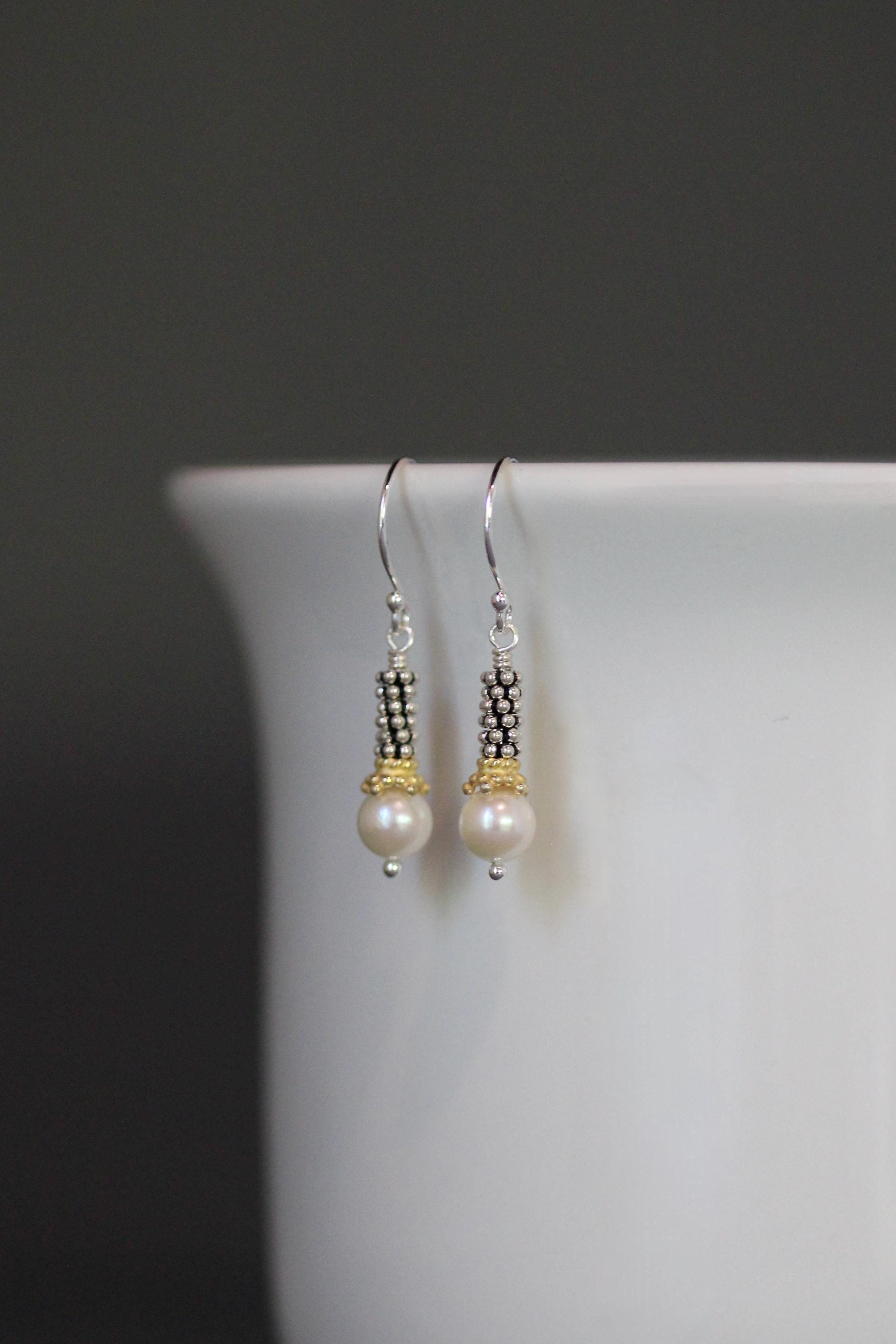 Akoya Pearl, Sterling Silver, and Gold Vermeil Mixed Metal Dangle Earrings