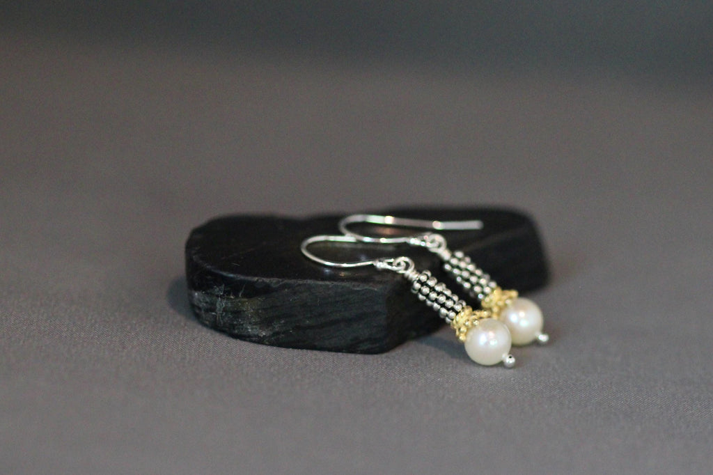 Akoya Pearl, Sterling Silver, and Gold Vermeil Mixed Metal Dangle Earrings