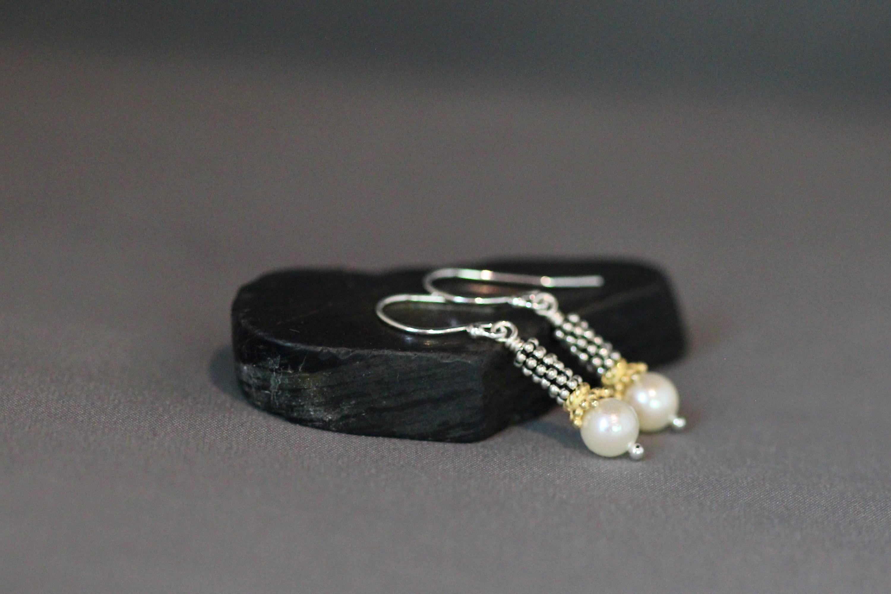 Akoya Pearl, Sterling Silver, and Gold Vermeil Mixed Metal Dangle Earrings