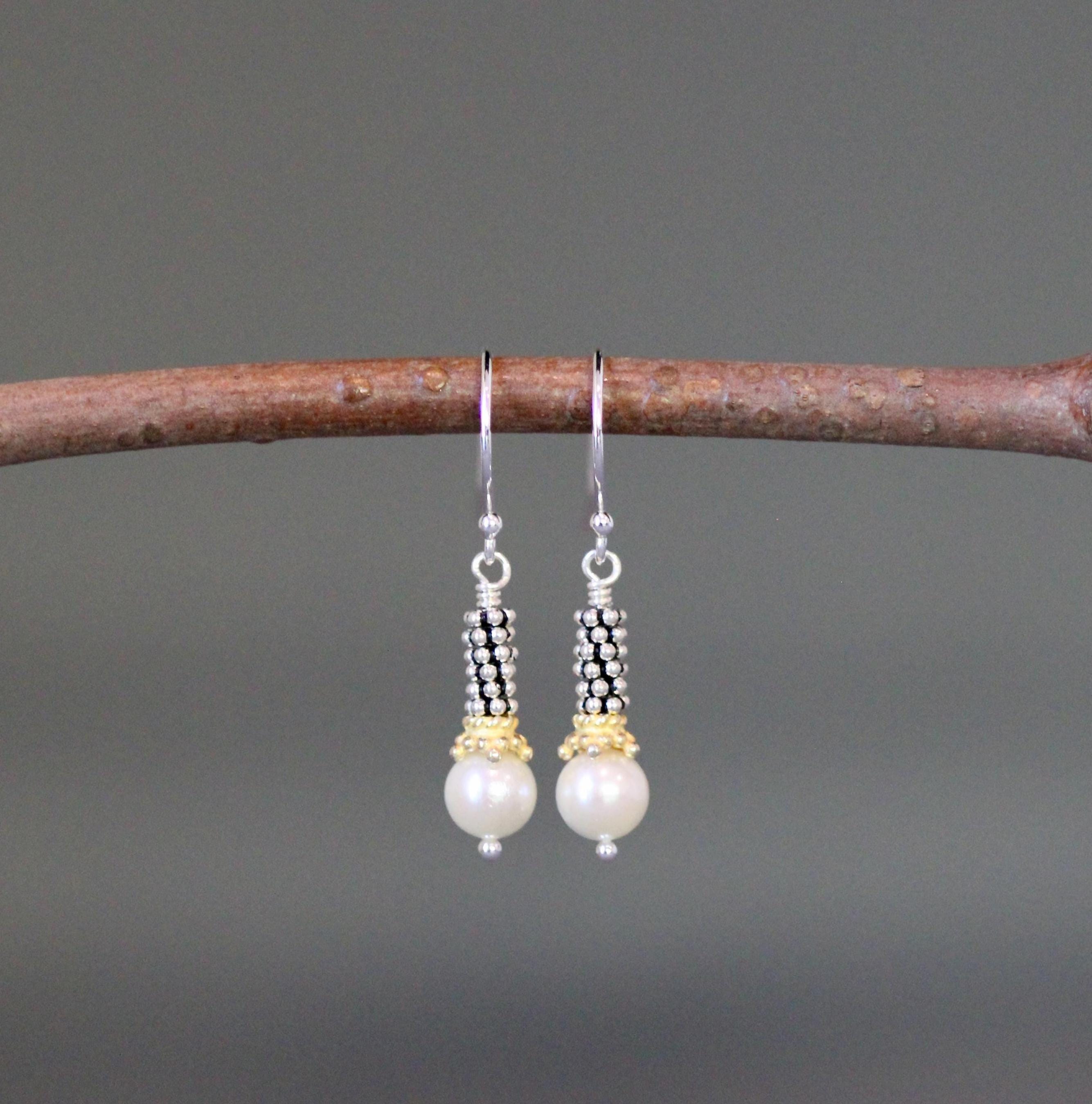 Akoya Pearl, Sterling Silver, and Gold Vermeil Mixed Metal Dangle Earrings