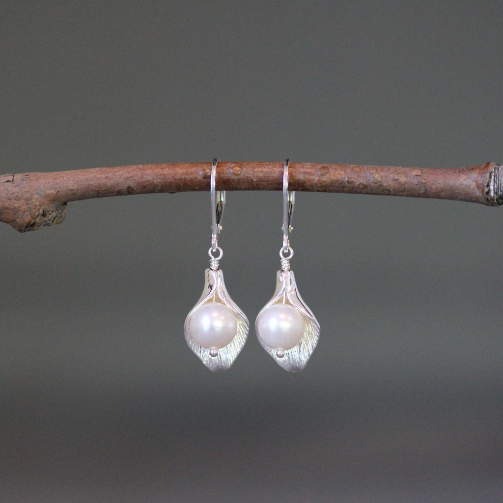 Freshwater Pearl and Bali Sterling Silver Calla Lily Charm Dangle Earrings