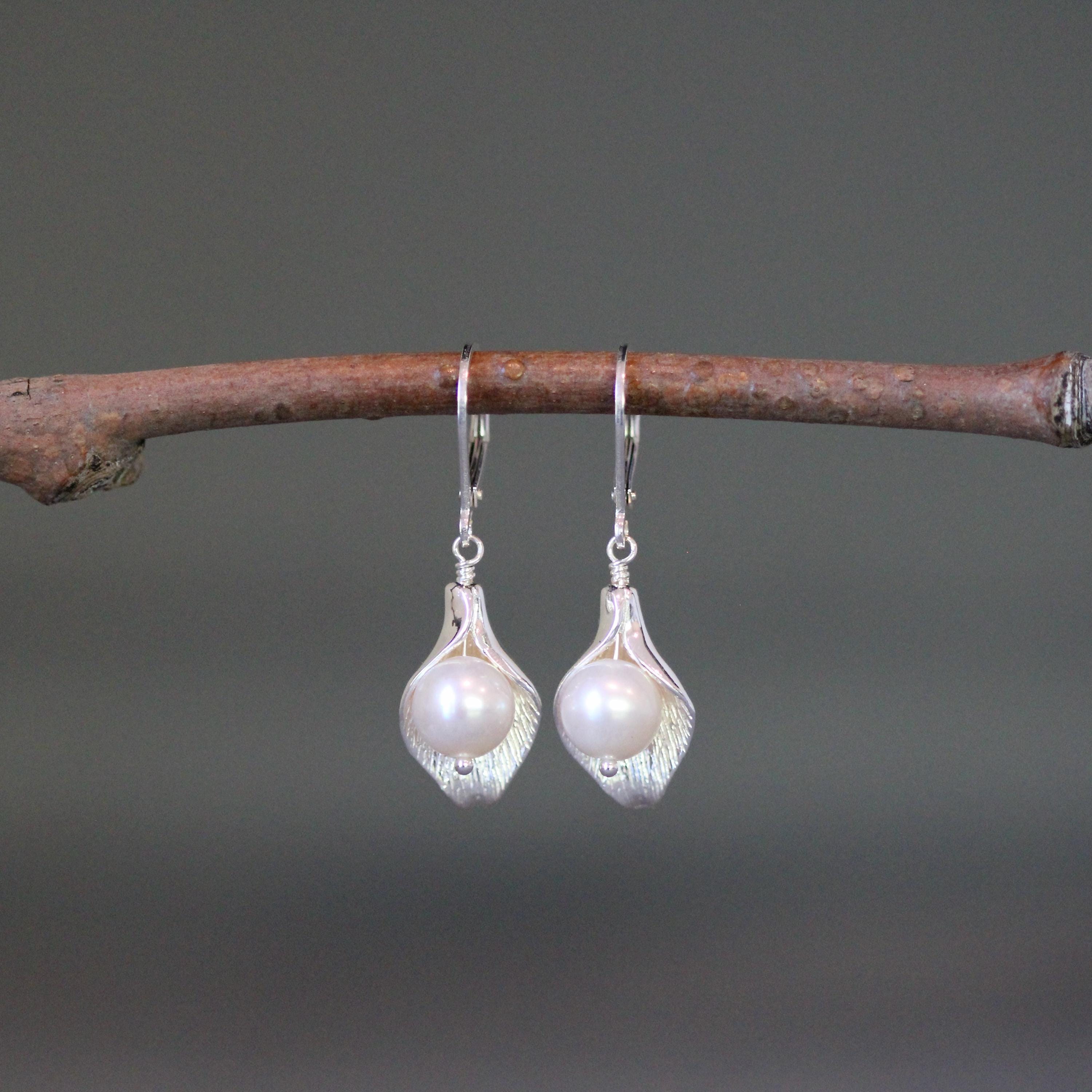 Freshwater Pearl and Bali Sterling Silver Calla Lily Charm Dangle Earrings
