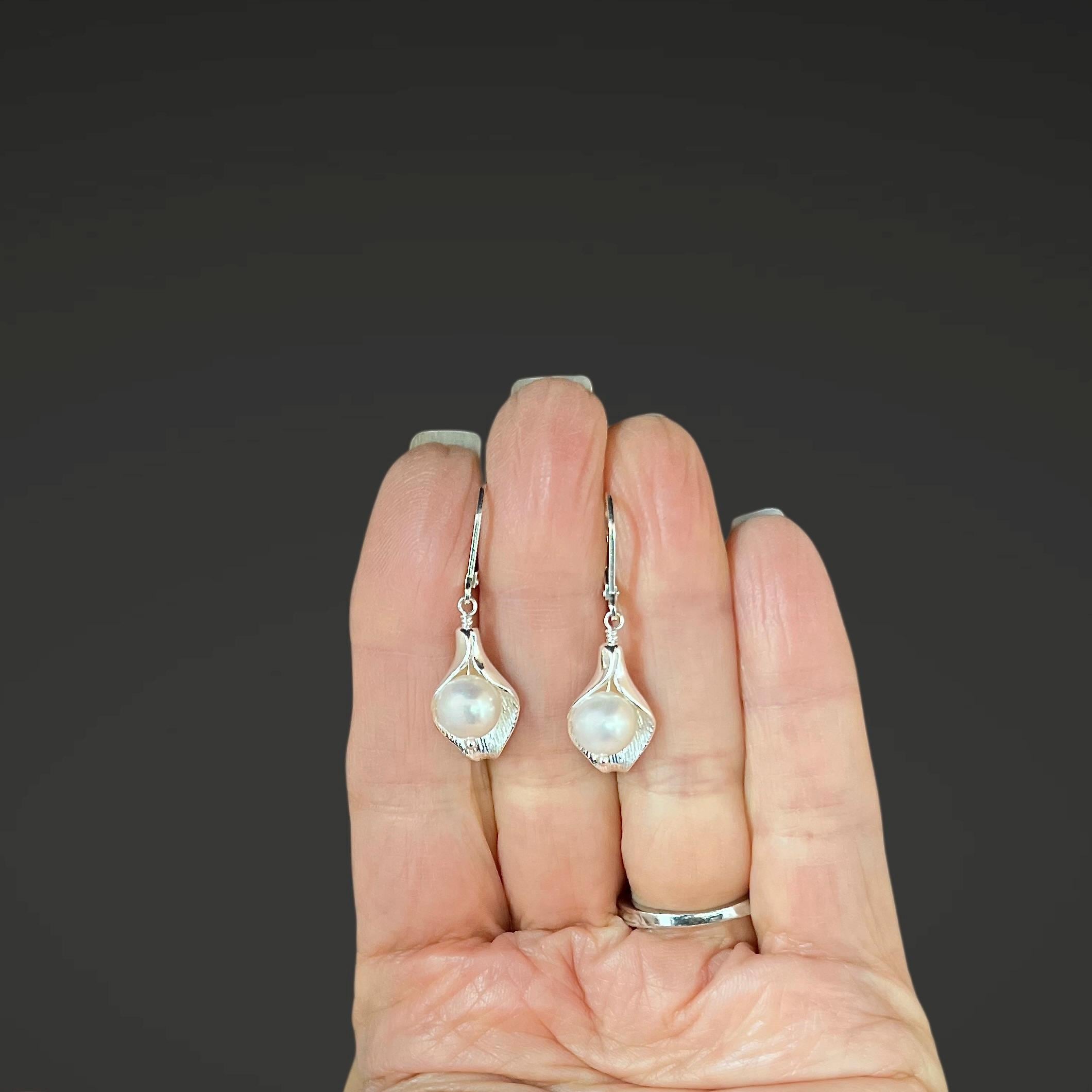 Freshwater Pearl and Bali Sterling Silver Calla Lily Charm Dangle Earrings