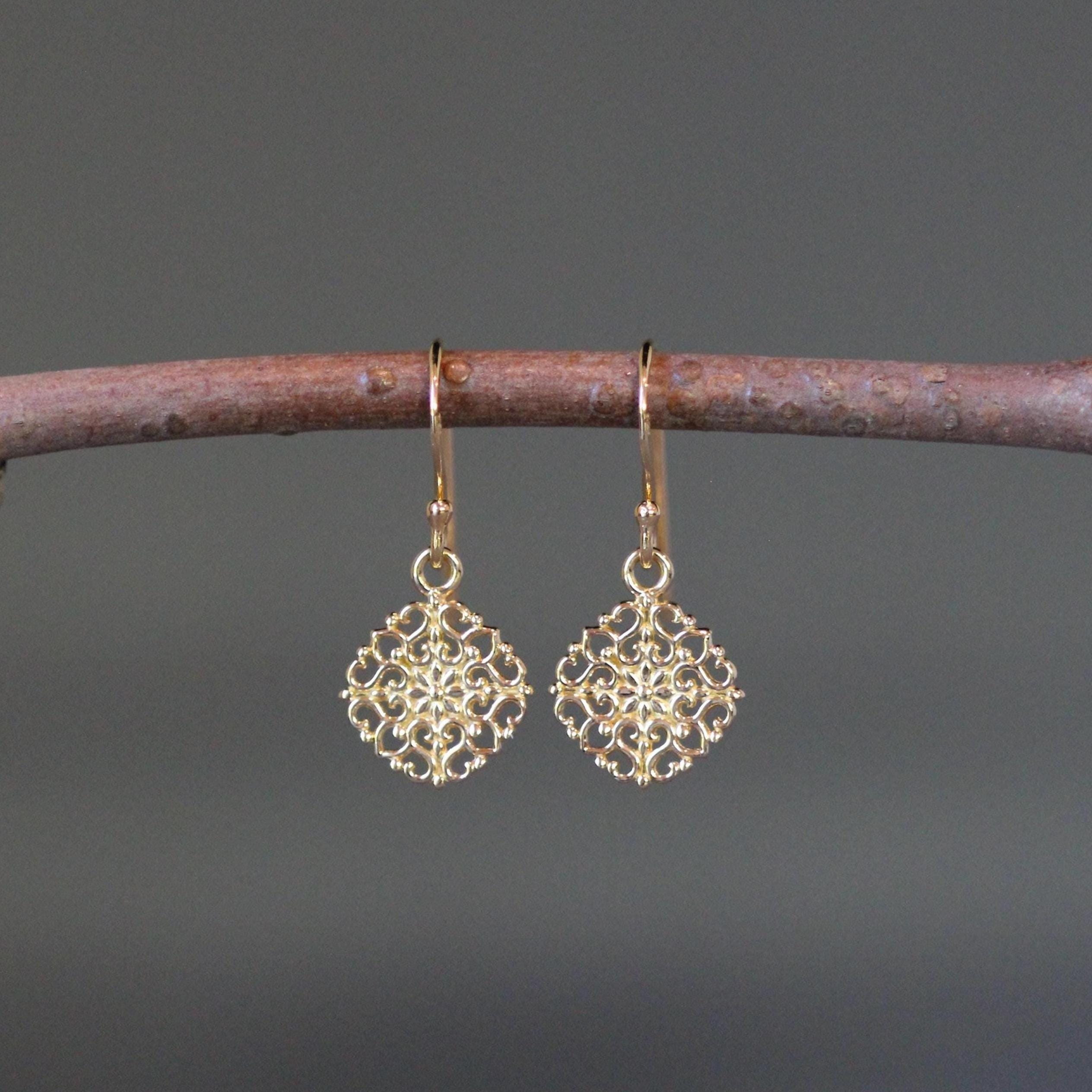 Small Gold Vermeil Filigree Charm Dangle Earrings