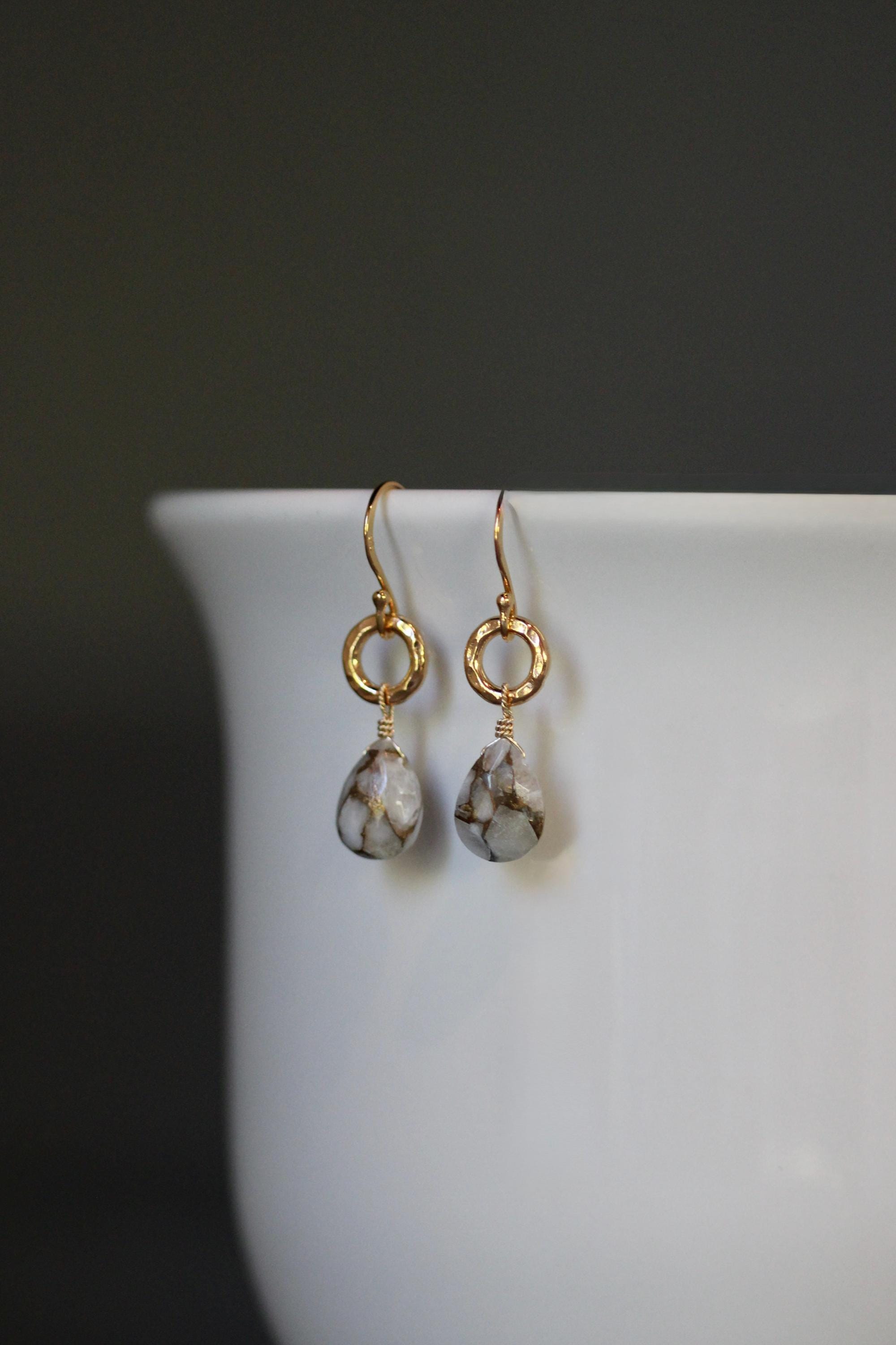 Copper Calcite Teardrop Dangle Earrings with Gold Vermeil Accents