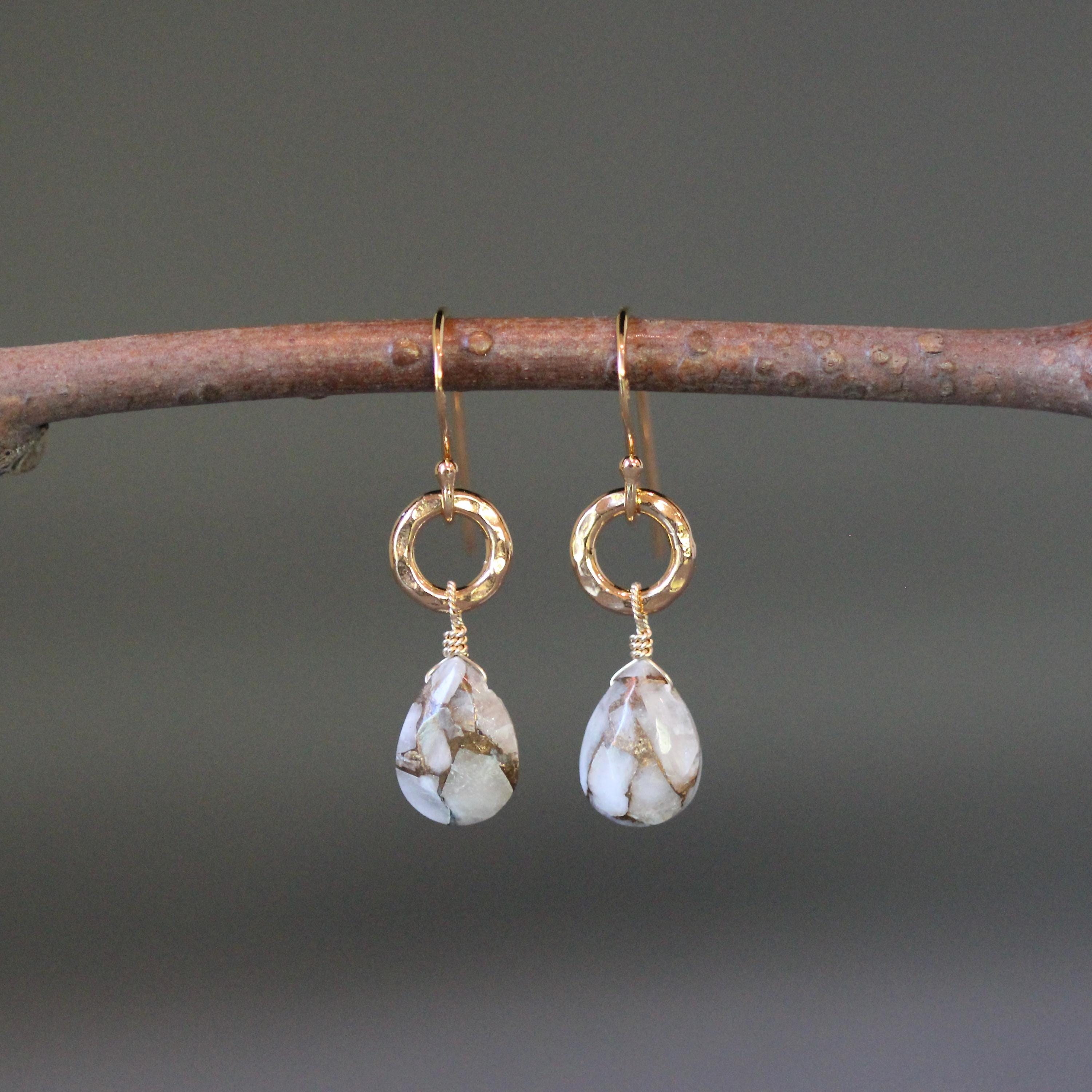Copper Calcite Teardrop Dangle Earrings with Gold Vermeil Accents