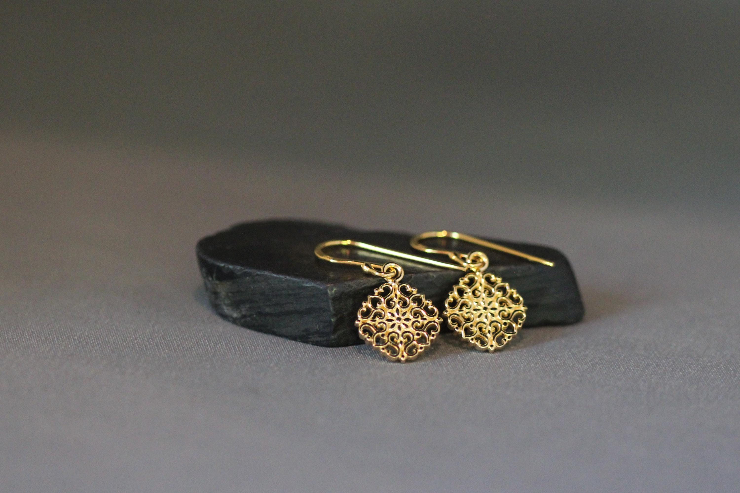 Small Gold Vermeil Filigree Charm Dangle Earrings