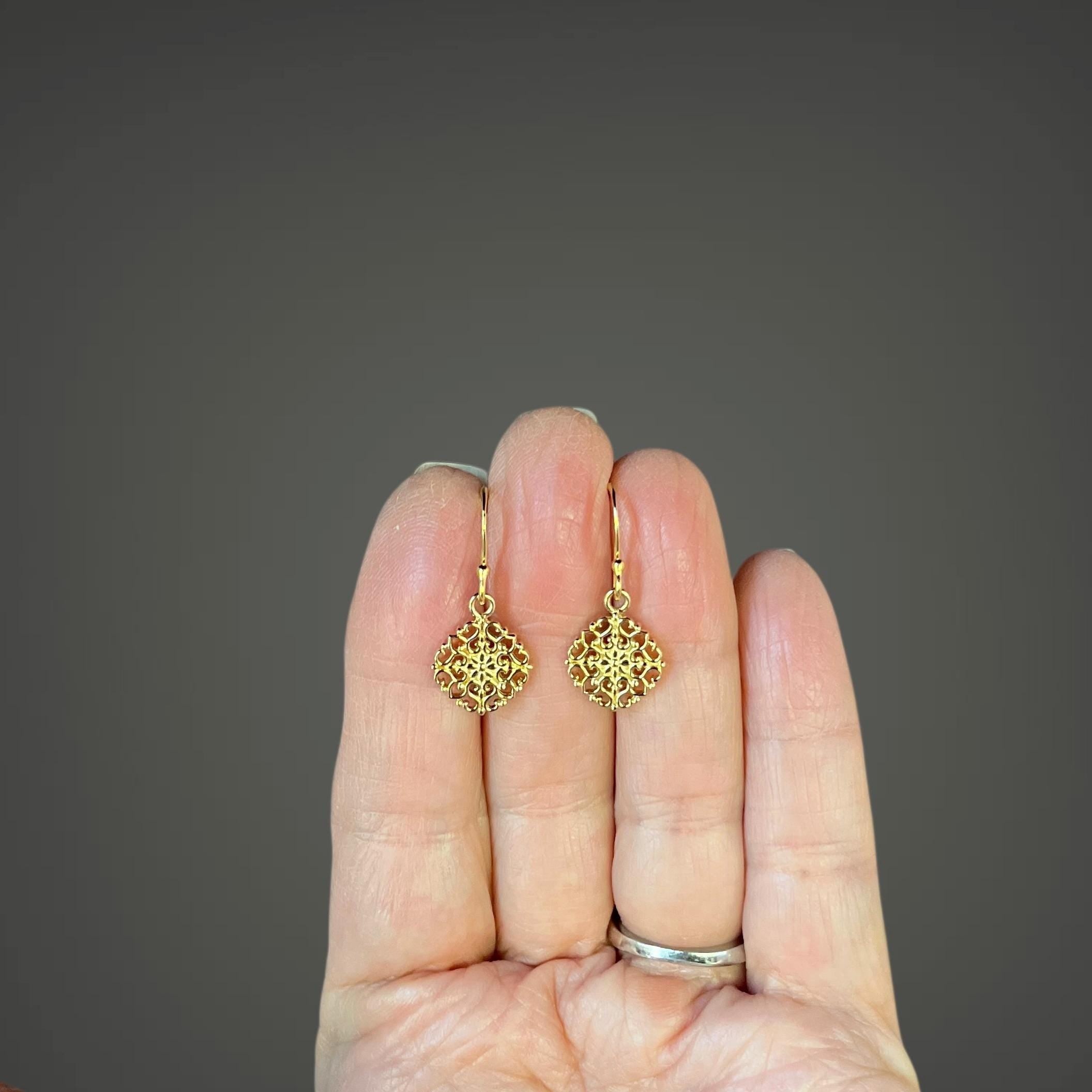 Small Gold Vermeil Filigree Charm Dangle Earrings