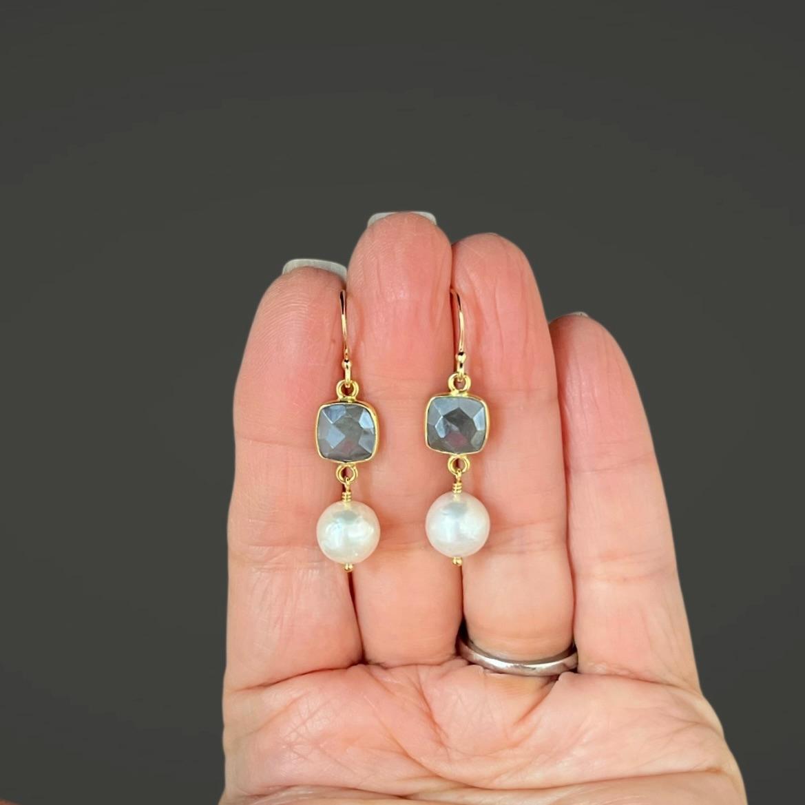 Grey Moonstone and Edison Pearl Dangle Earrings in Gold Vermeil