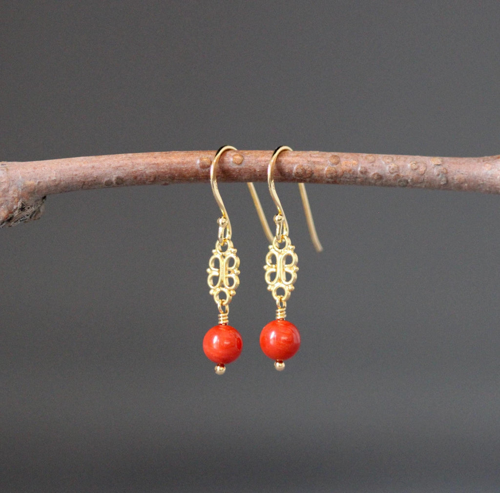 Red Angel Skin Coral Earrings on Gold Vermeil Filigree Links