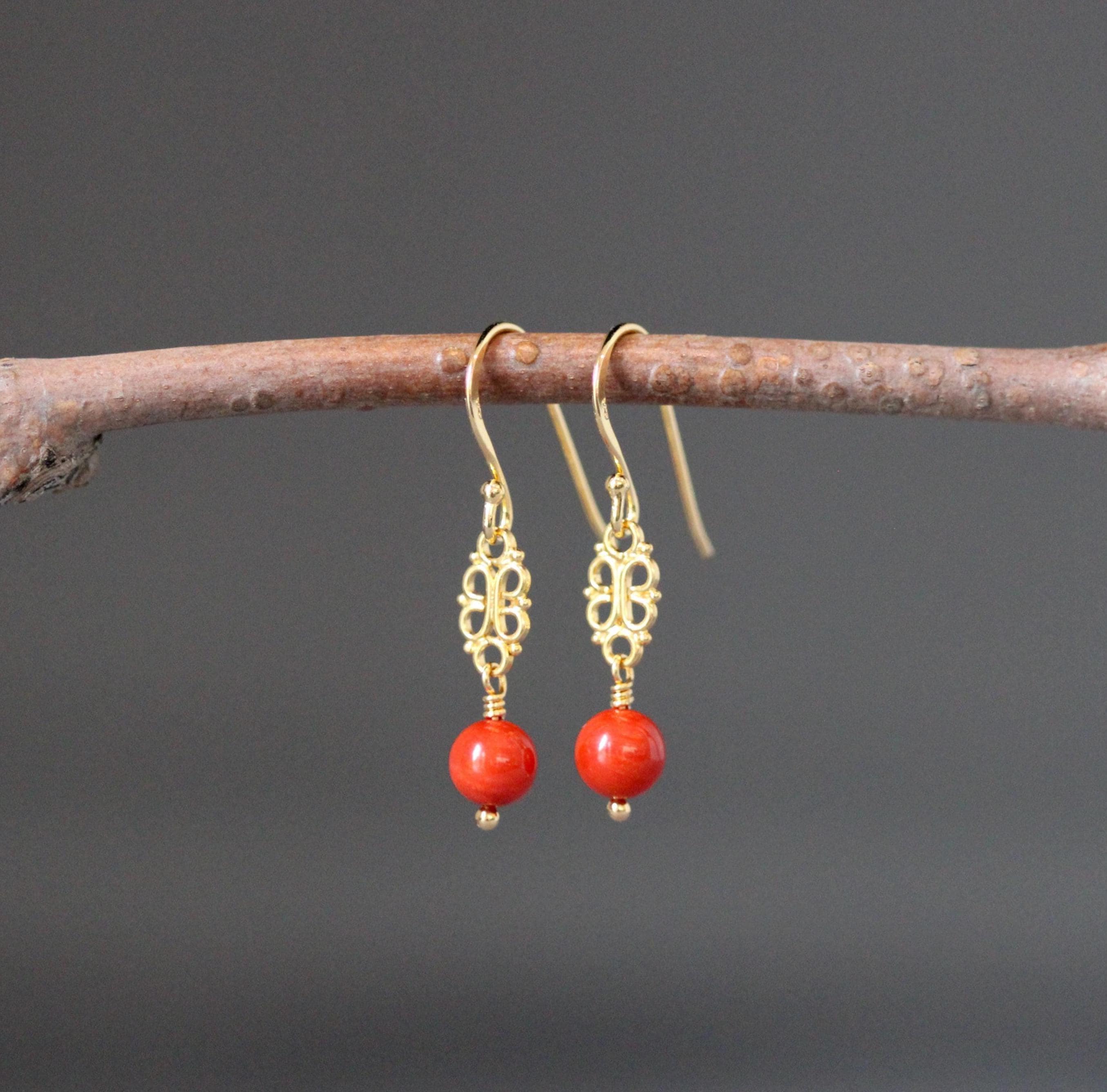Red Angel Skin Coral Earrings on Gold Vermeil Filigree Links