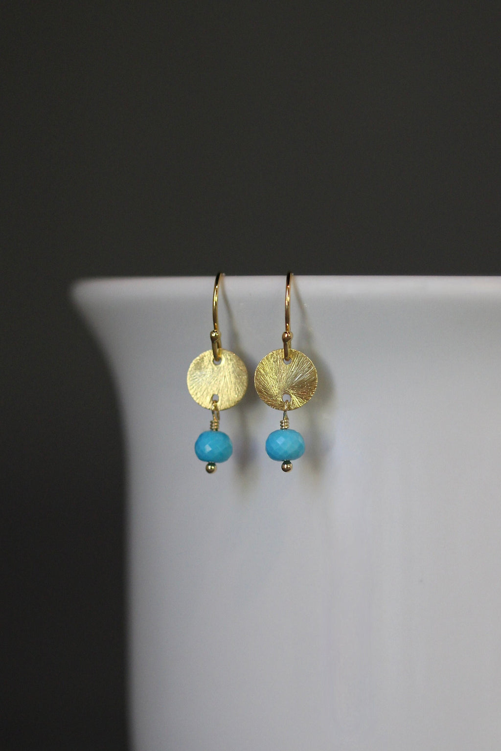 Turquoise and Gold Vermeil Brushed Disc Dangle Earrings
