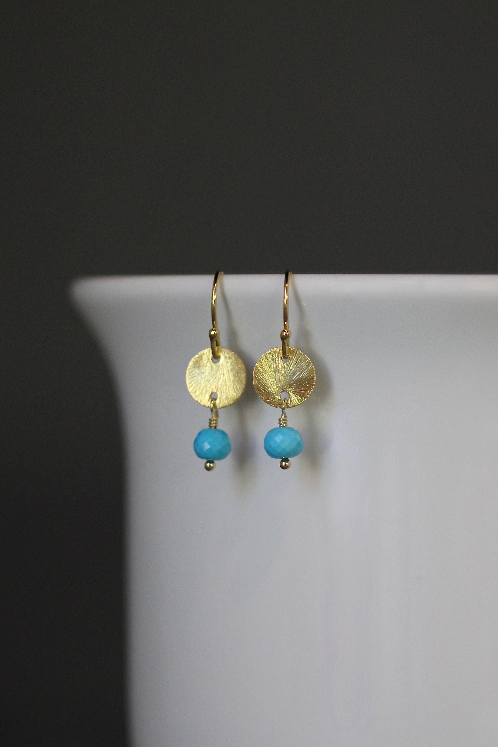 Turquoise and Gold Vermeil Brushed Disc Dangle Earrings