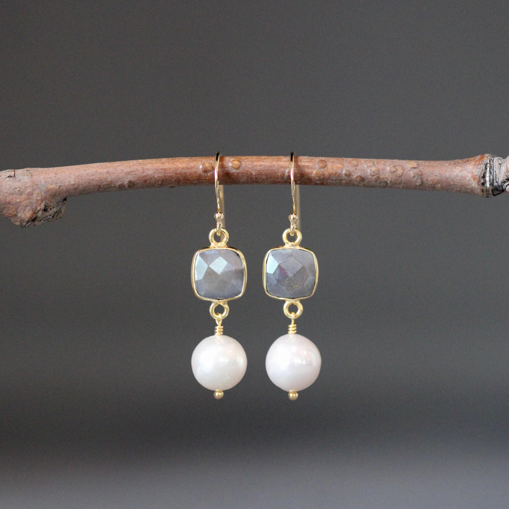 Grey Moonstone and Edison Pearl Dangle Earrings in Gold Vermeil