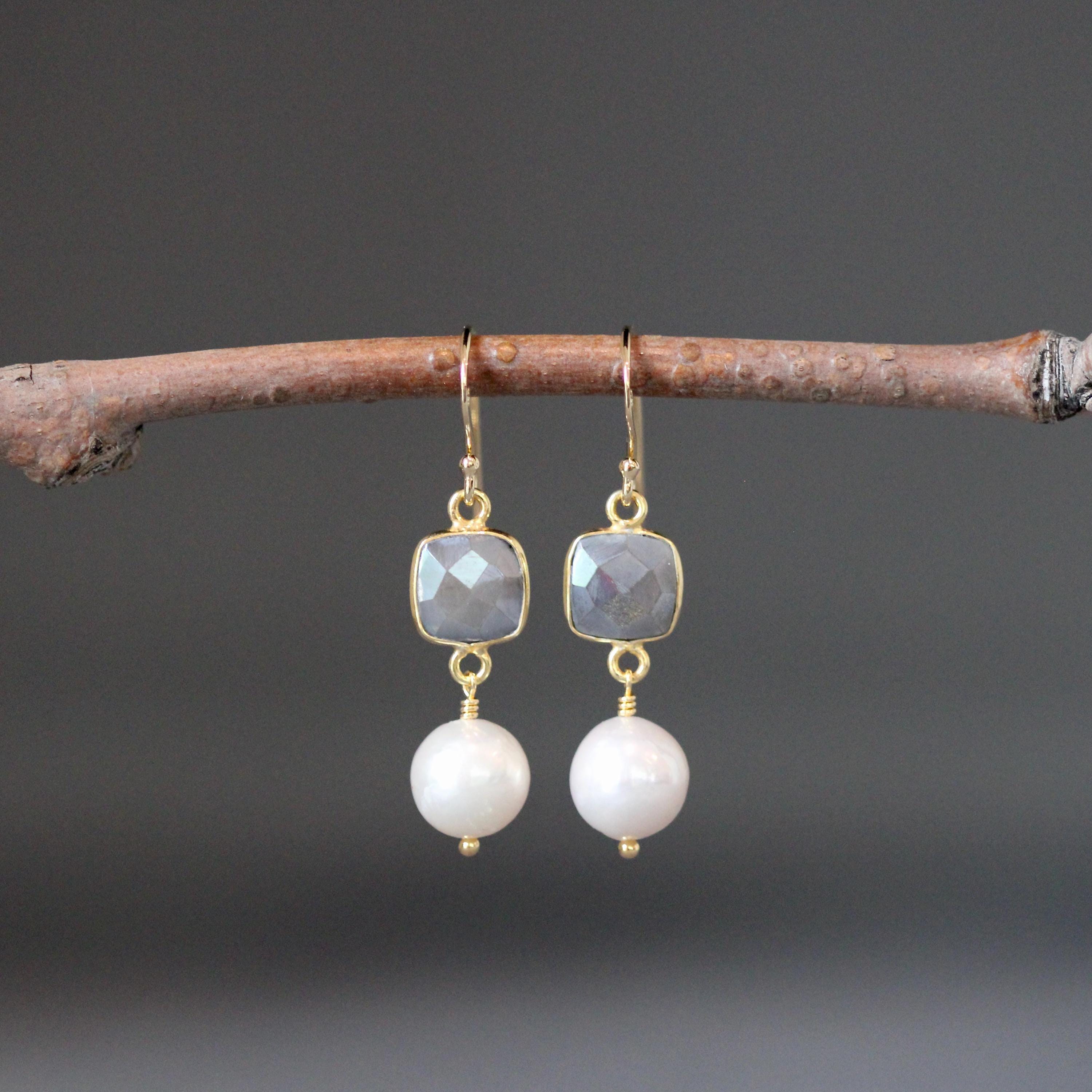 Grey Moonstone and Edison Pearl Dangle Earrings in Gold Vermeil
