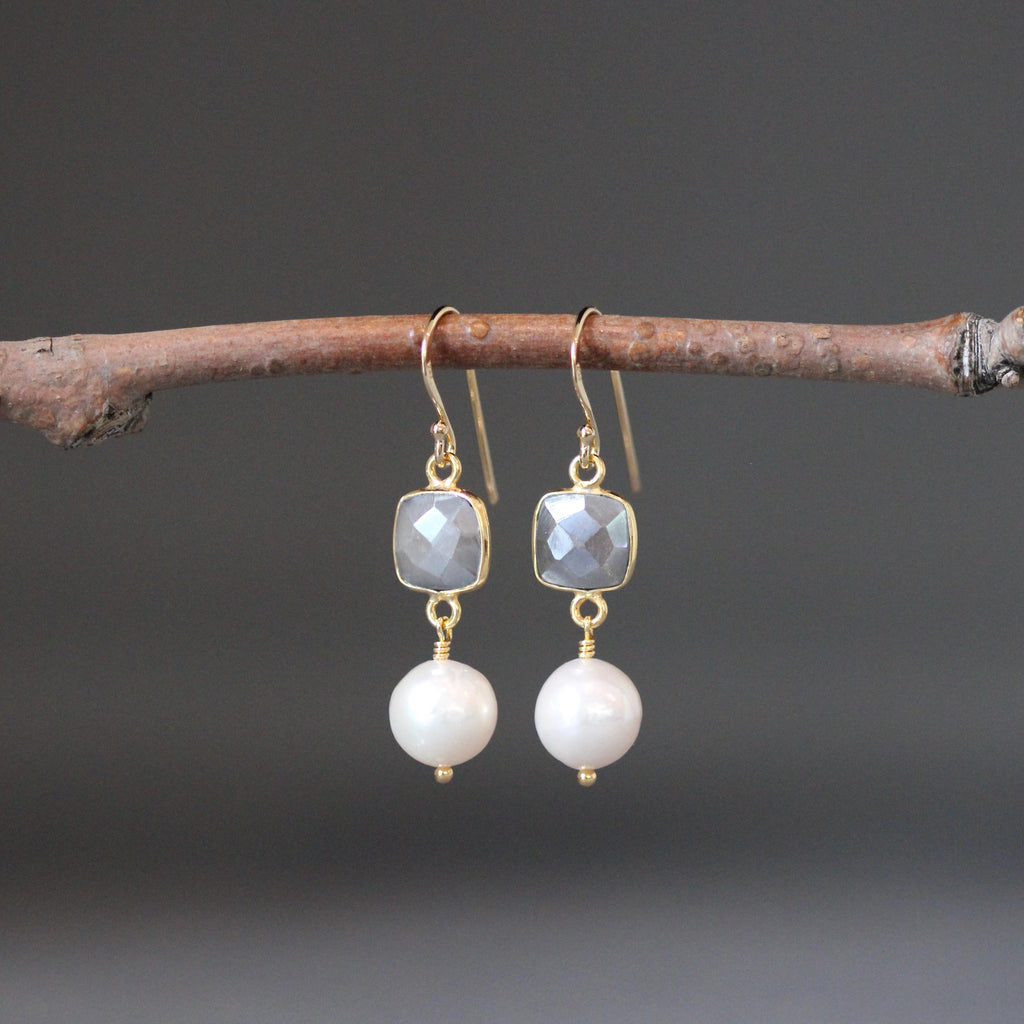 Grey Moonstone and Edison Pearl Dangle Earrings in Gold Vermeil