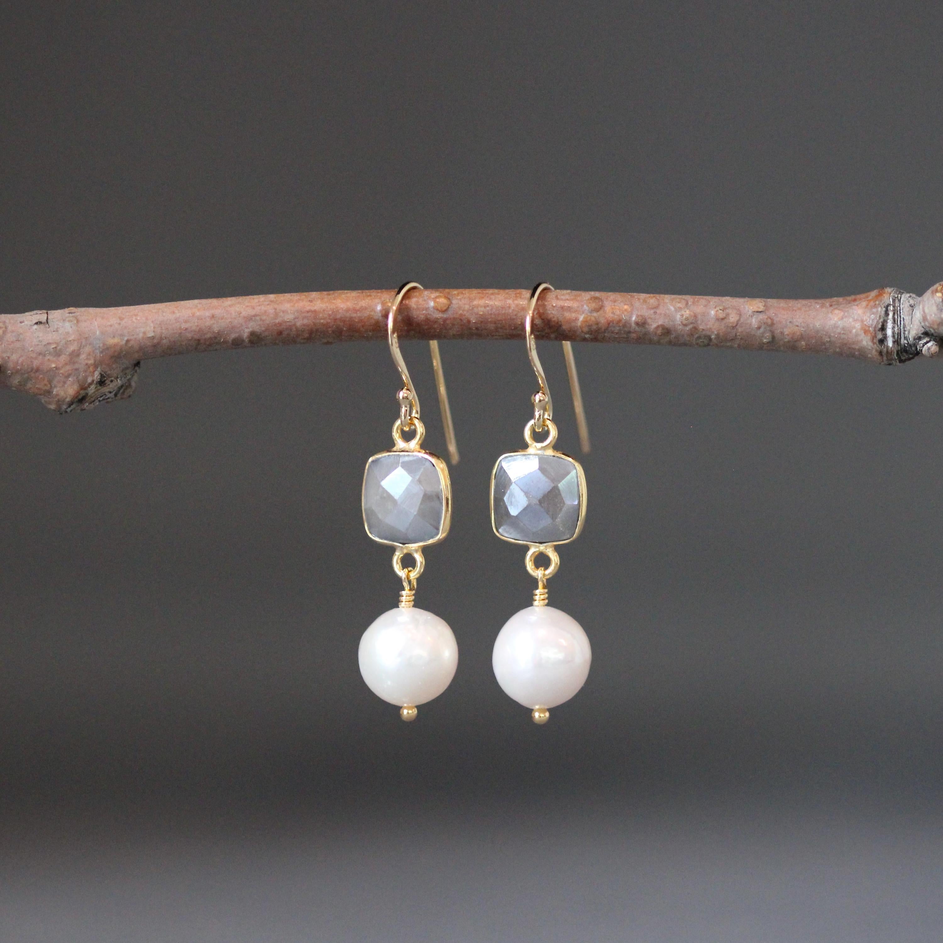 Grey Moonstone and Edison Pearl Dangle Earrings in Gold Vermeil