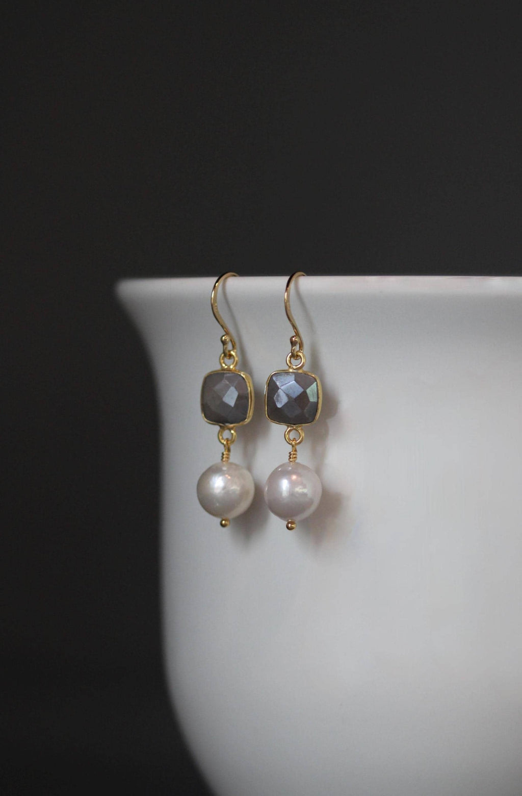 Grey Moonstone and Edison Pearl Dangle Earrings in Gold Vermeil