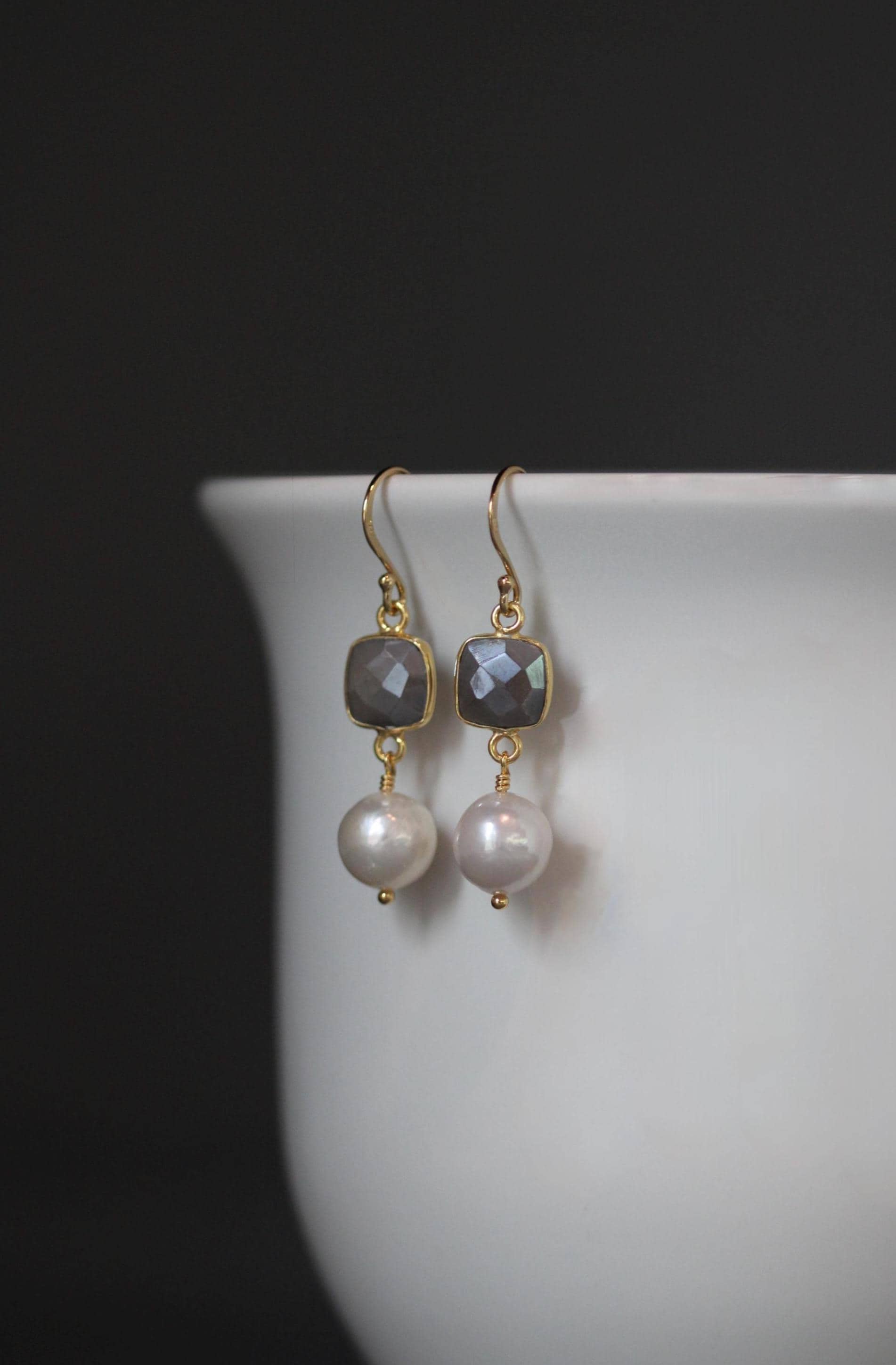 Grey Moonstone and Edison Pearl Dangle Earrings in Gold Vermeil