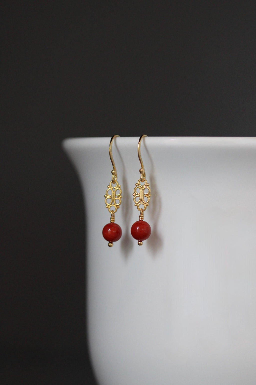 Red Angel Skin Coral Earrings on Gold Vermeil Filigree Links