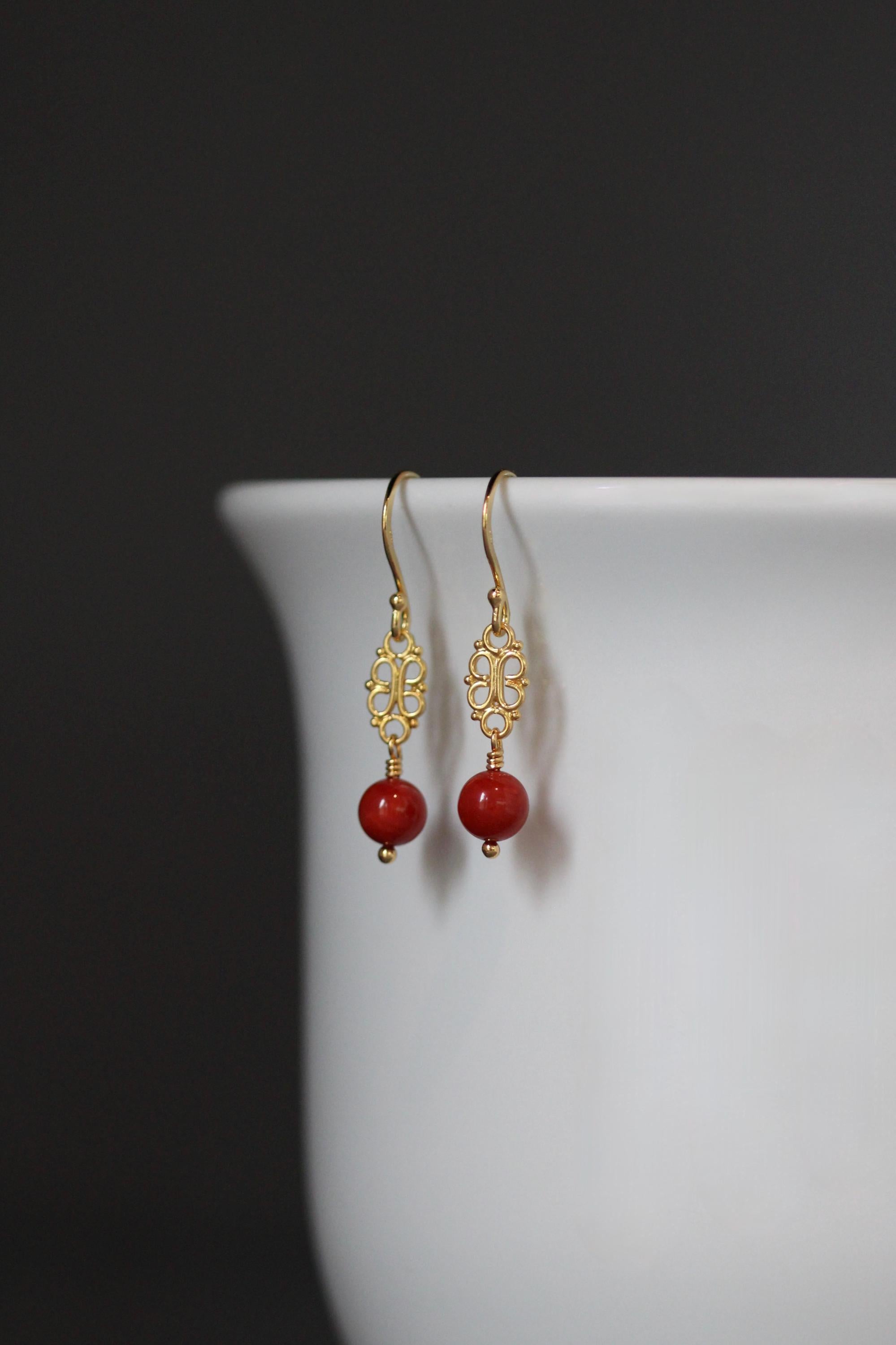 Red Angel Skin Coral Earrings on Gold Vermeil Filigree Links