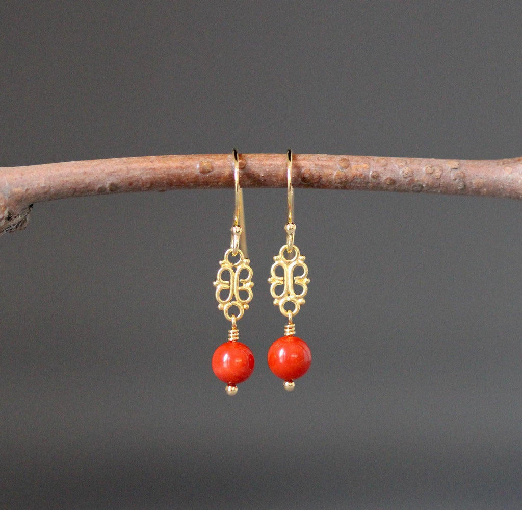 Red Angel Skin Coral Earrings on Gold Vermeil Filigree Links