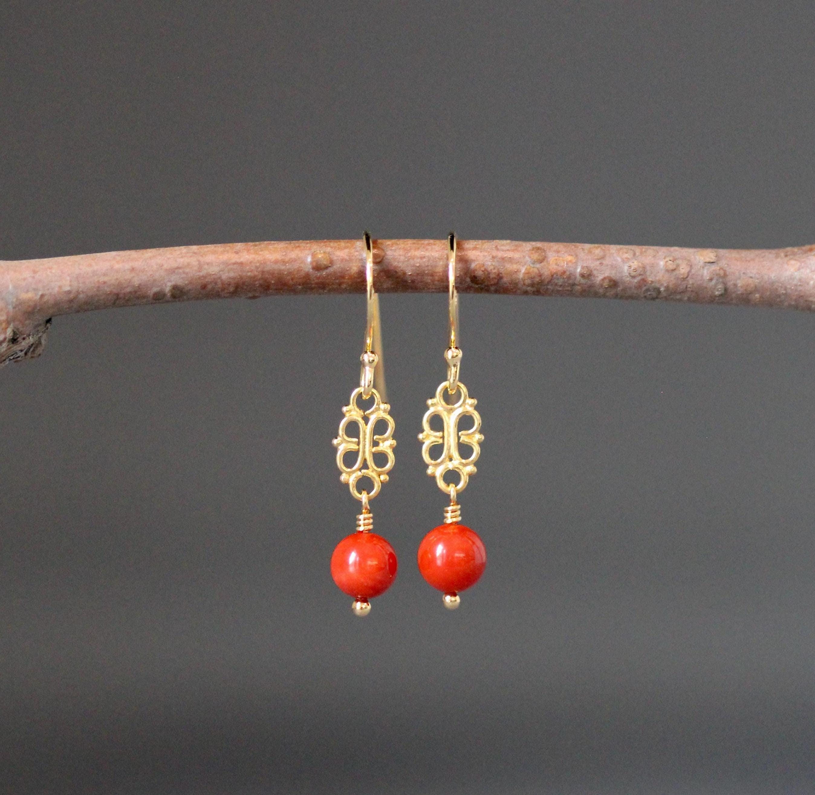 Red Angel Skin Coral Earrings on Gold Vermeil Filigree Links