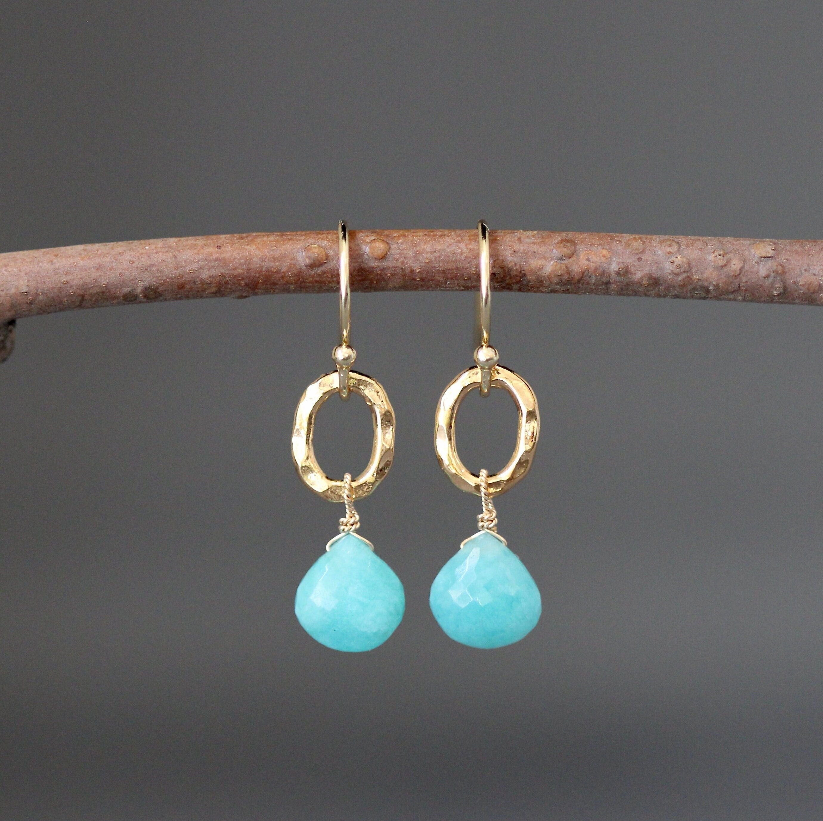 Turquoise Amazonite Teardrop Earrings on Hammered Gold Vermeil Oval Links