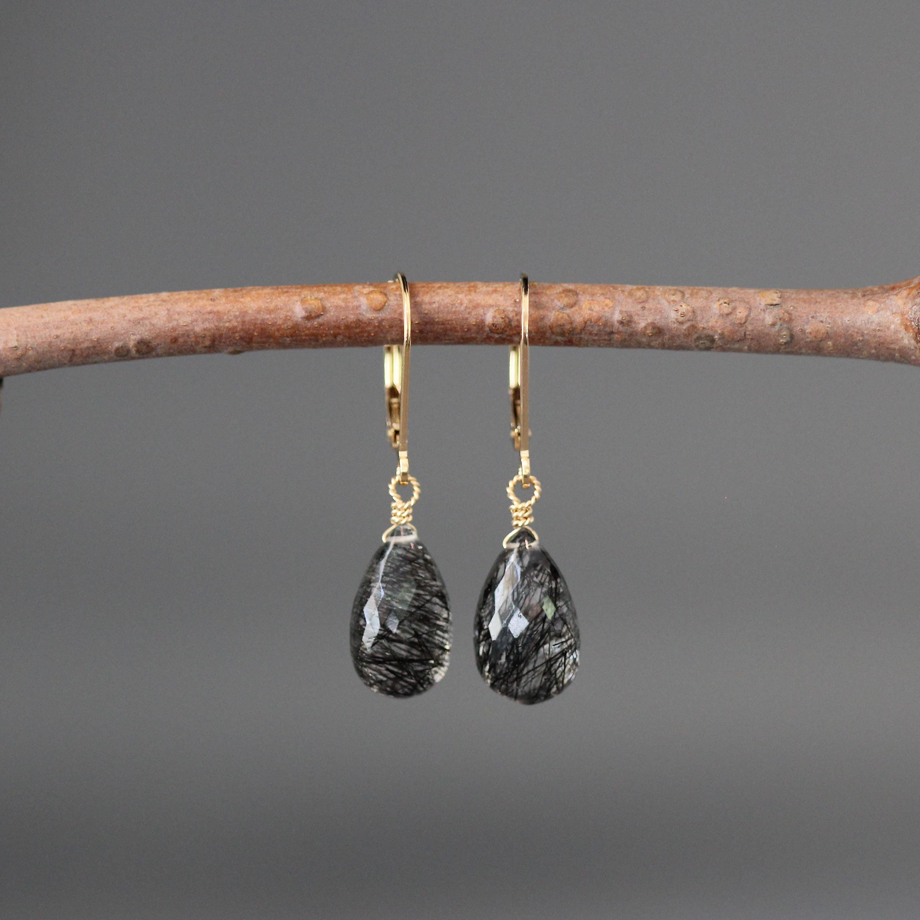 Black Rutilated Quartz Teardrop Earrings on Gold Filled Leverbacks