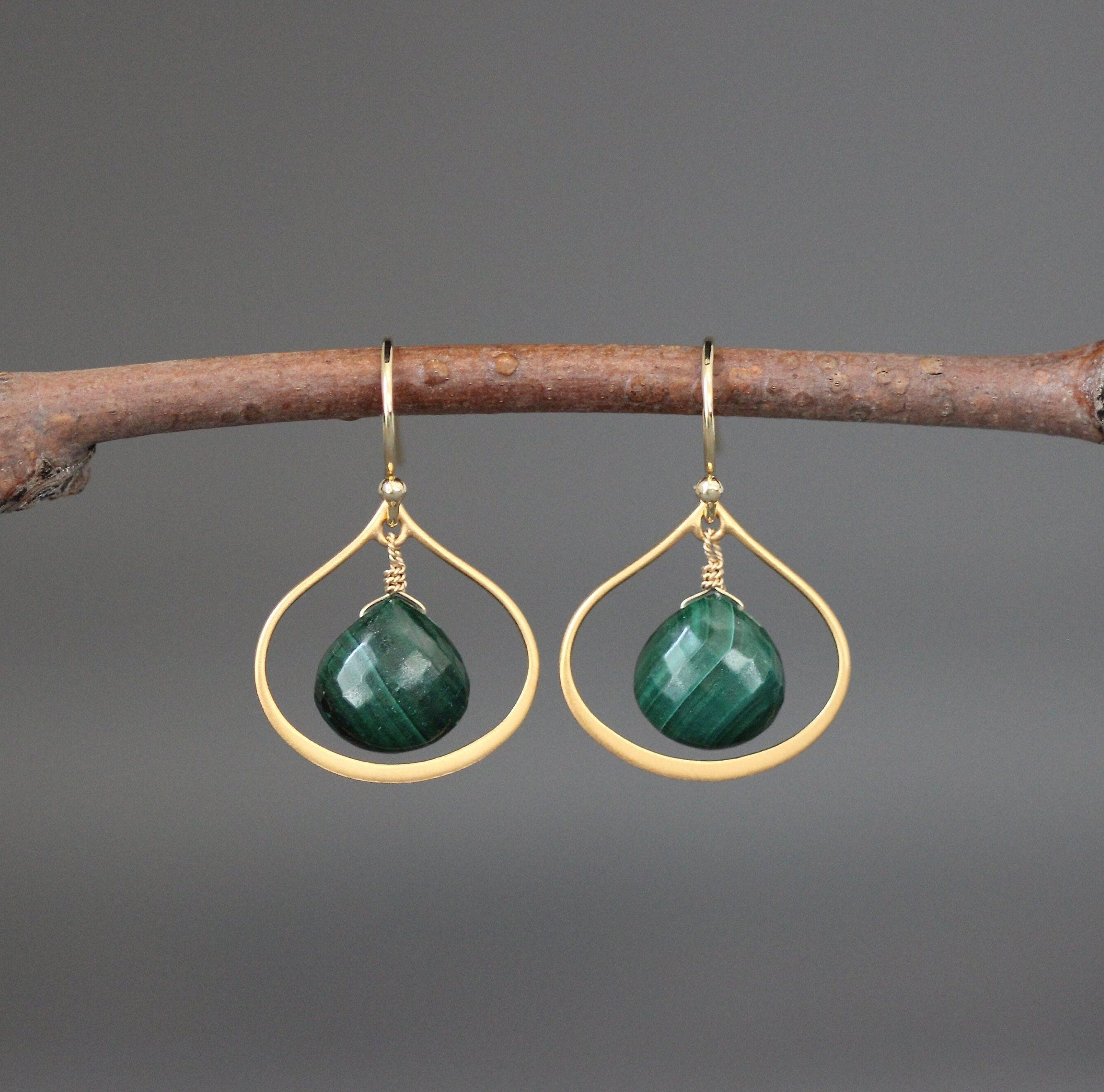 Malachite Teardrop Earrings on Matte Gold Vermeil Links