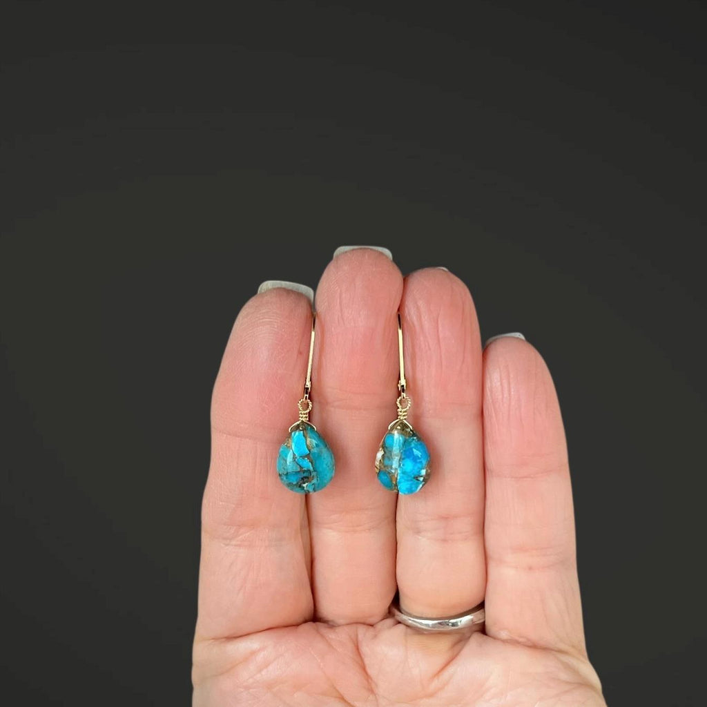 Spiny Oyster Kingman Copper Turquoise Teardrop Earrings on Gold Filled Leverbacks