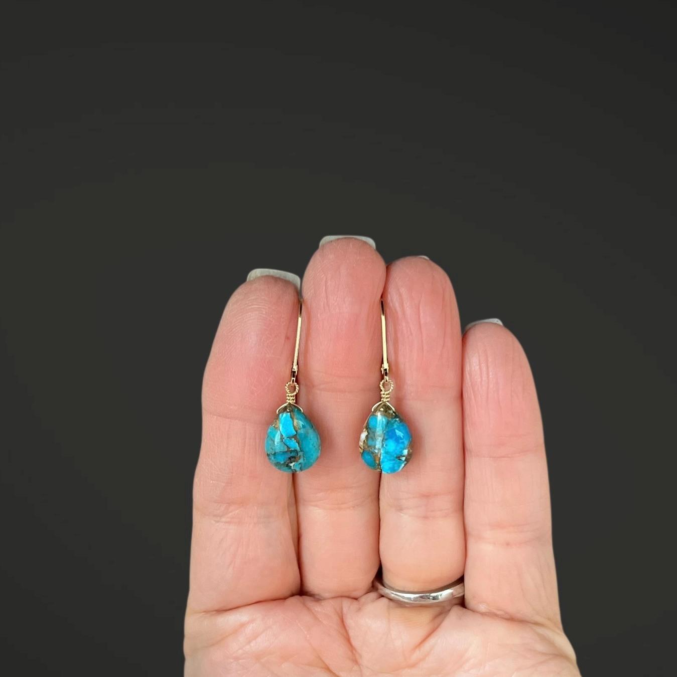 Spiny Oyster Kingman Copper Turquoise Teardrop Earrings on Gold Filled Leverbacks