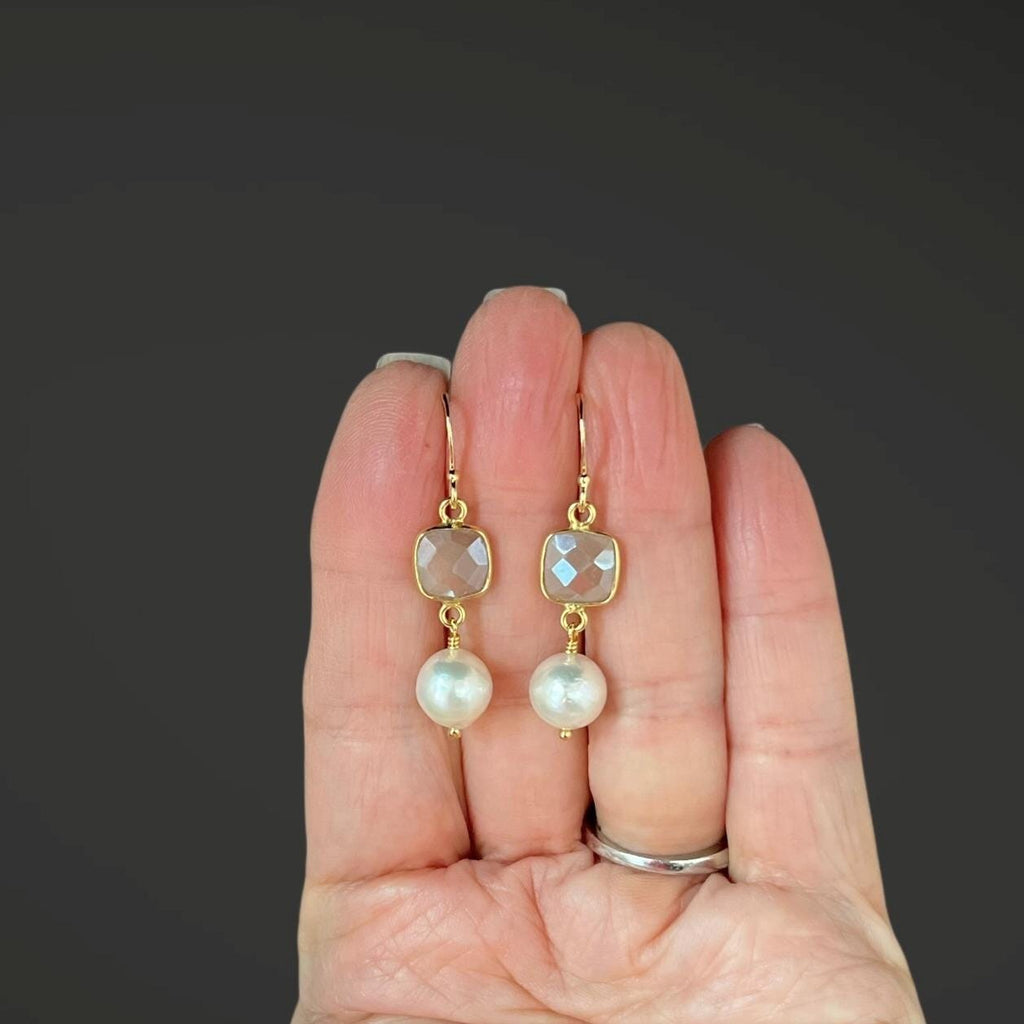 Edison Pearl and Pink Moonstone Bezel Drop Earrings in Gold Vermeil