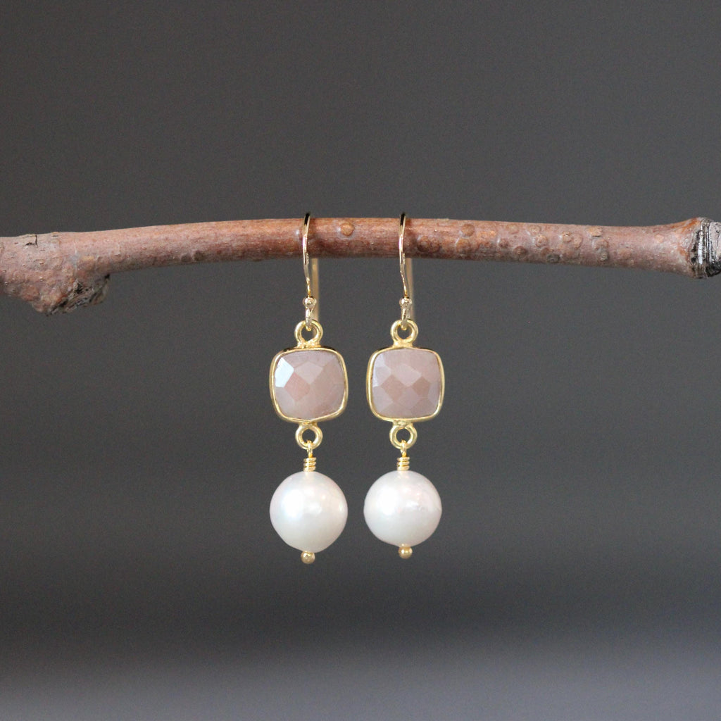 Edison Pearl and Pink Moonstone Bezel Drop Earrings in Gold Vermeil