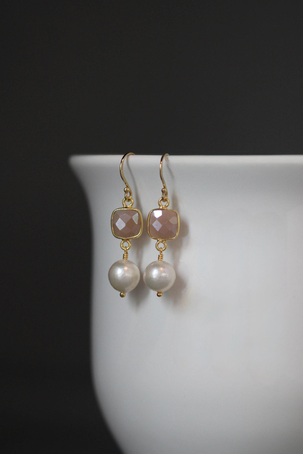Edison Pearl and Pink Moonstone Bezel Drop Earrings in Gold Vermeil