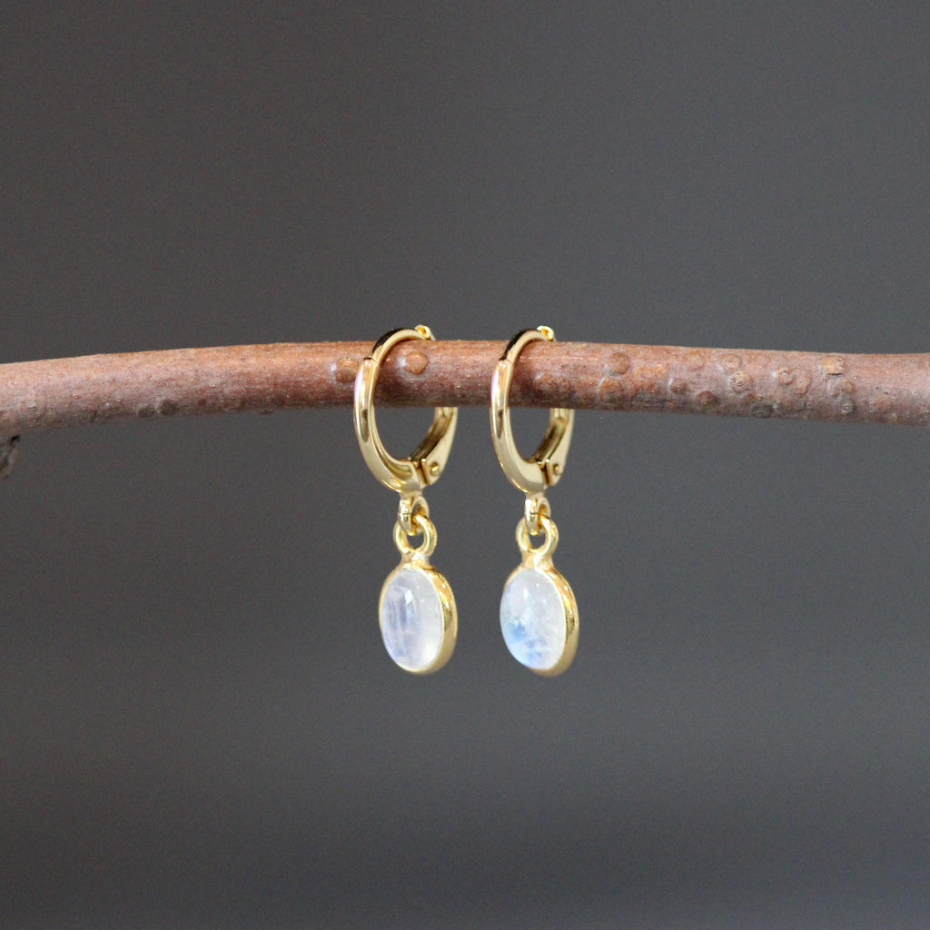 Rainbow Moonstone Gold Vermeil Bezel Earrings with Huggie Hoops