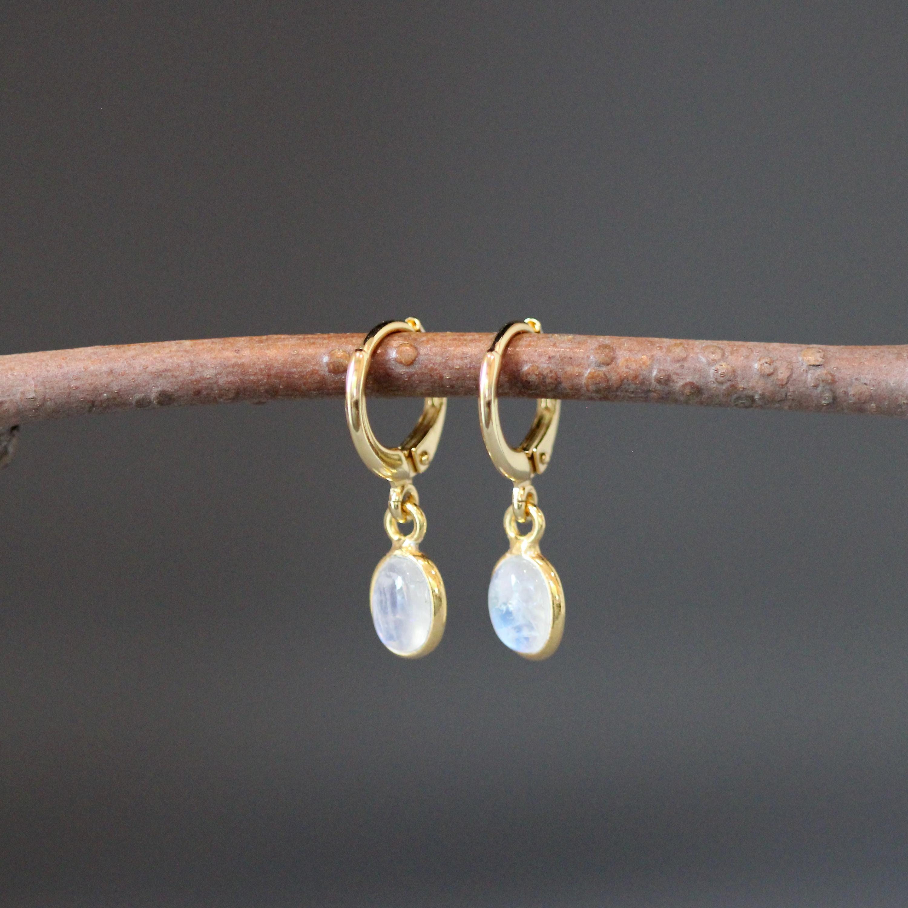 Rainbow Moonstone Gold Vermeil Bezel Earrings with Huggie Hoops