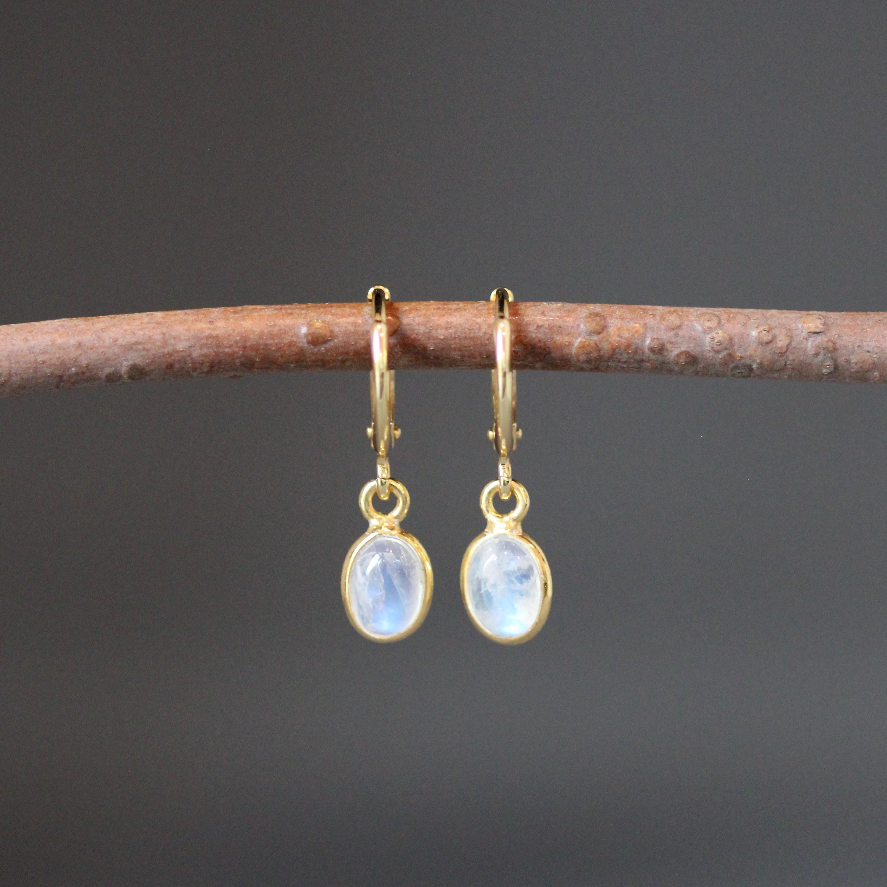Rainbow Moonstone Gold Vermeil Bezel Earrings with Huggie Hoops