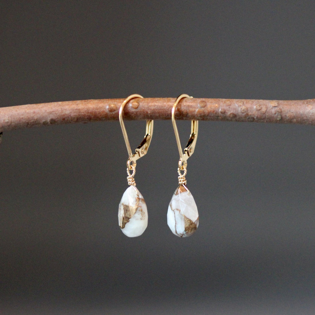 Copper Calcite Teardrop Dangle Earrings in Gold Filled