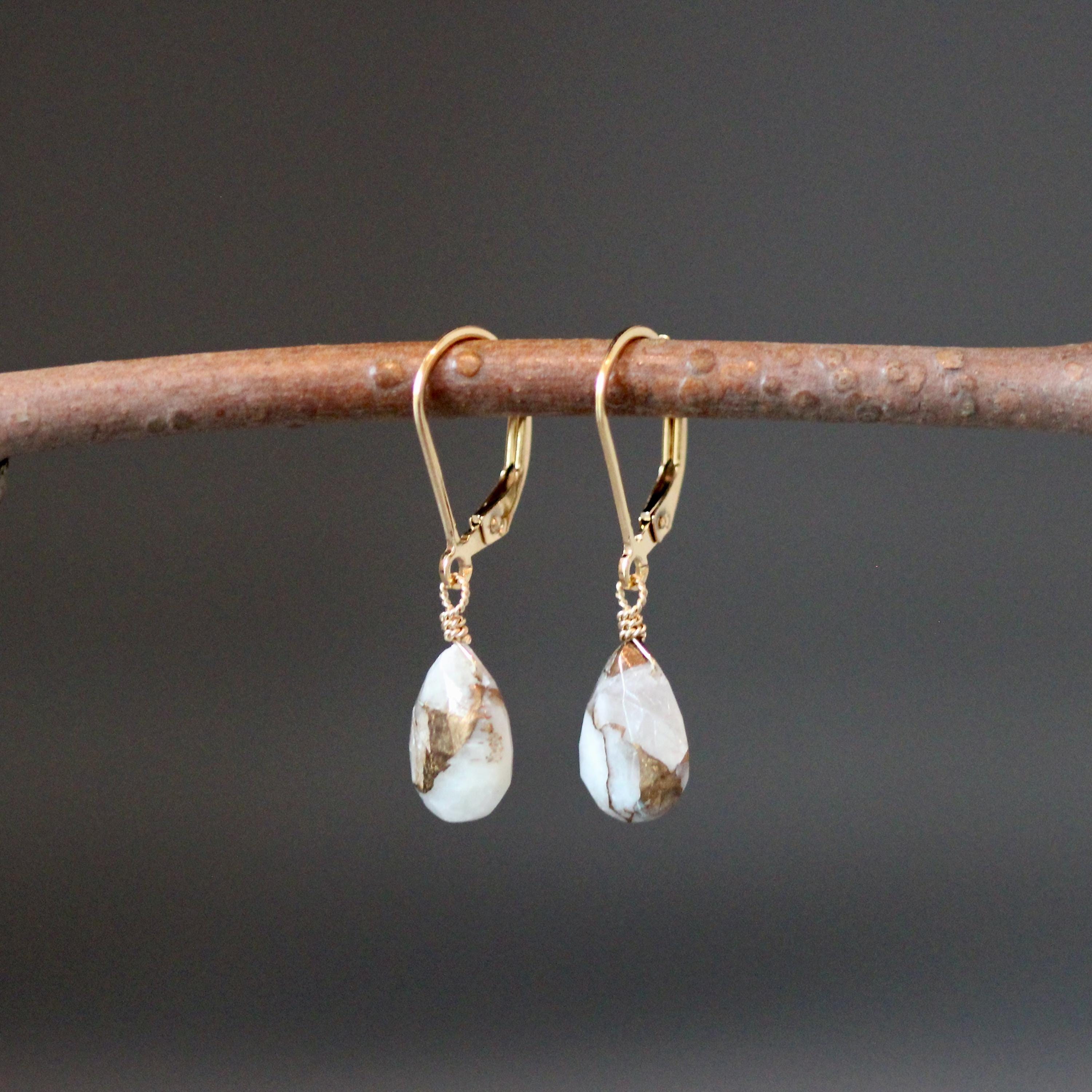 Copper Calcite Teardrop Dangle Earrings in Gold Filled