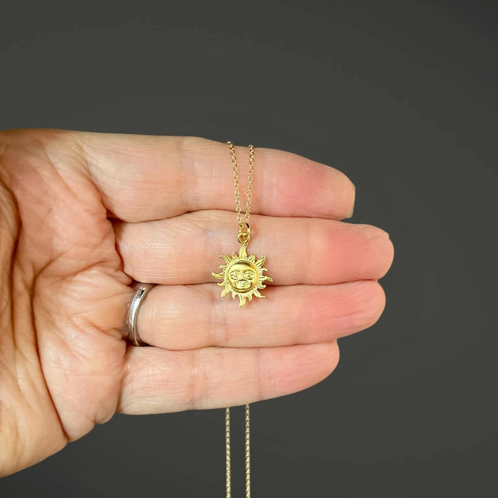Matte Gold Vermeil Sun Charm Pendant Necklace on Gold Filled Chain