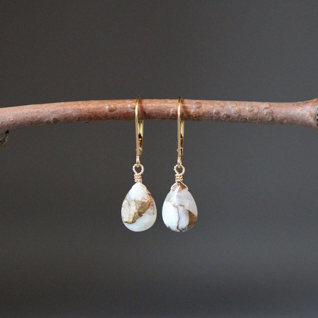 Copper Calcite Teardrop Dangle Earrings in Gold Filled
