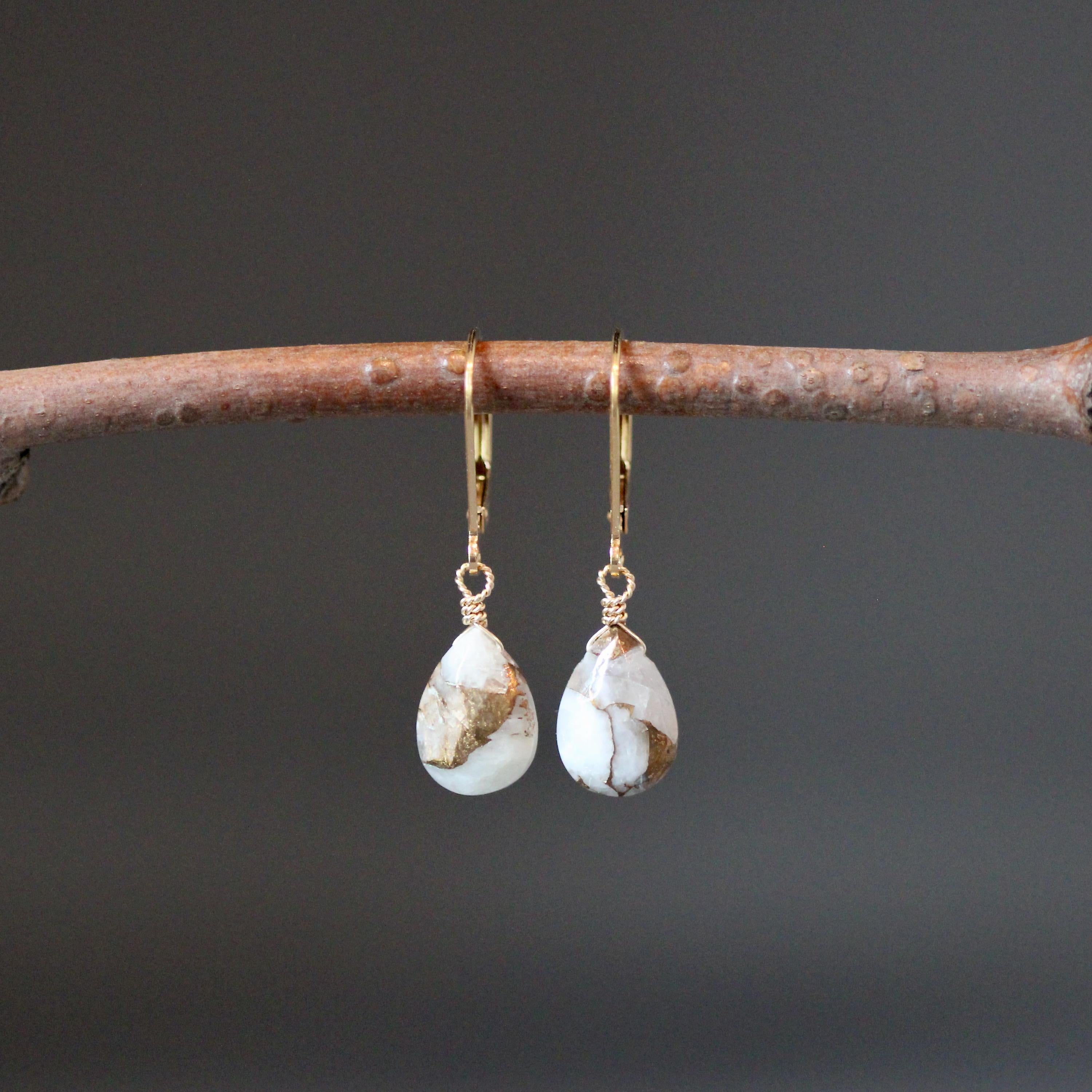 Copper Calcite Teardrop Dangle Earrings in Gold Filled