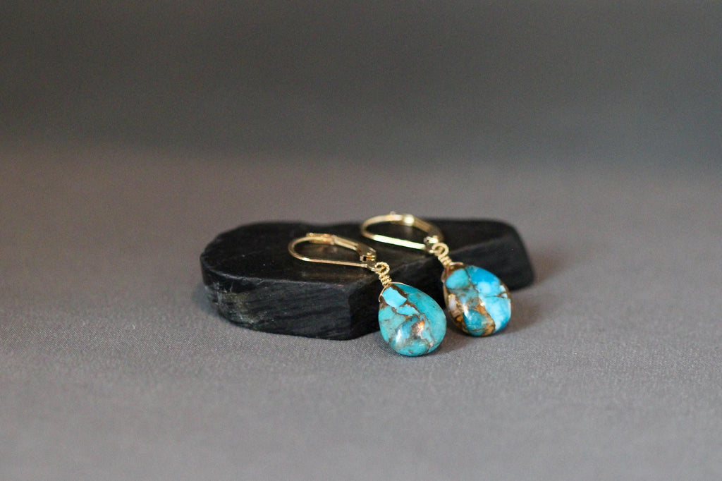 Spiny Oyster Kingman Copper Turquoise Teardrop Earrings on Gold Filled Leverbacks