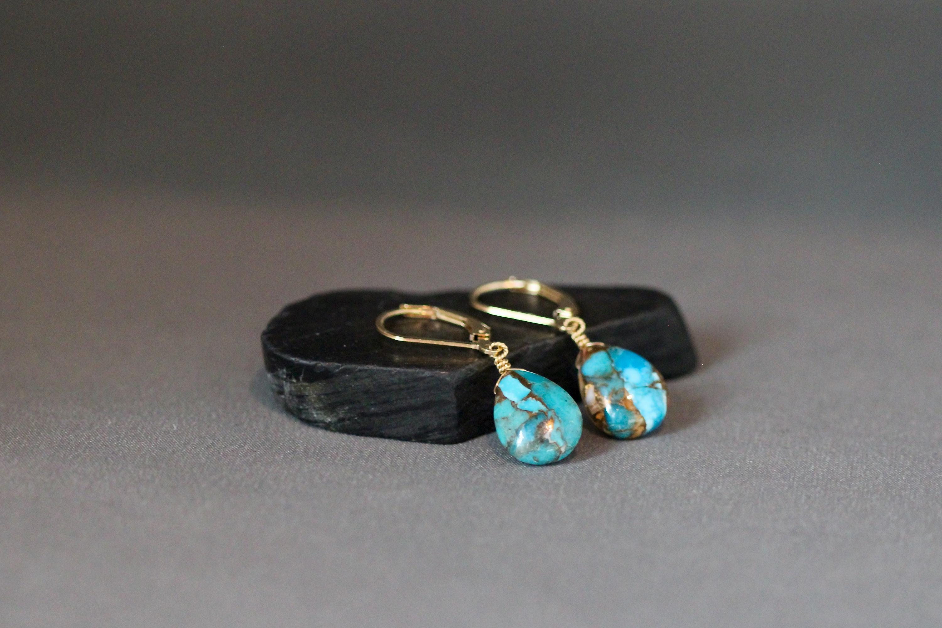 Spiny Oyster Kingman Copper Turquoise Teardrop Earrings on Gold Filled Leverbacks